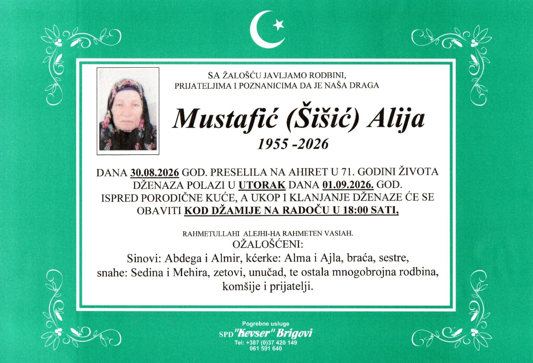 S tugom obavje&scaron;tavamo: Na Ahiret preselila Mustafić (&Scaron;i&scaron;ić) Alija