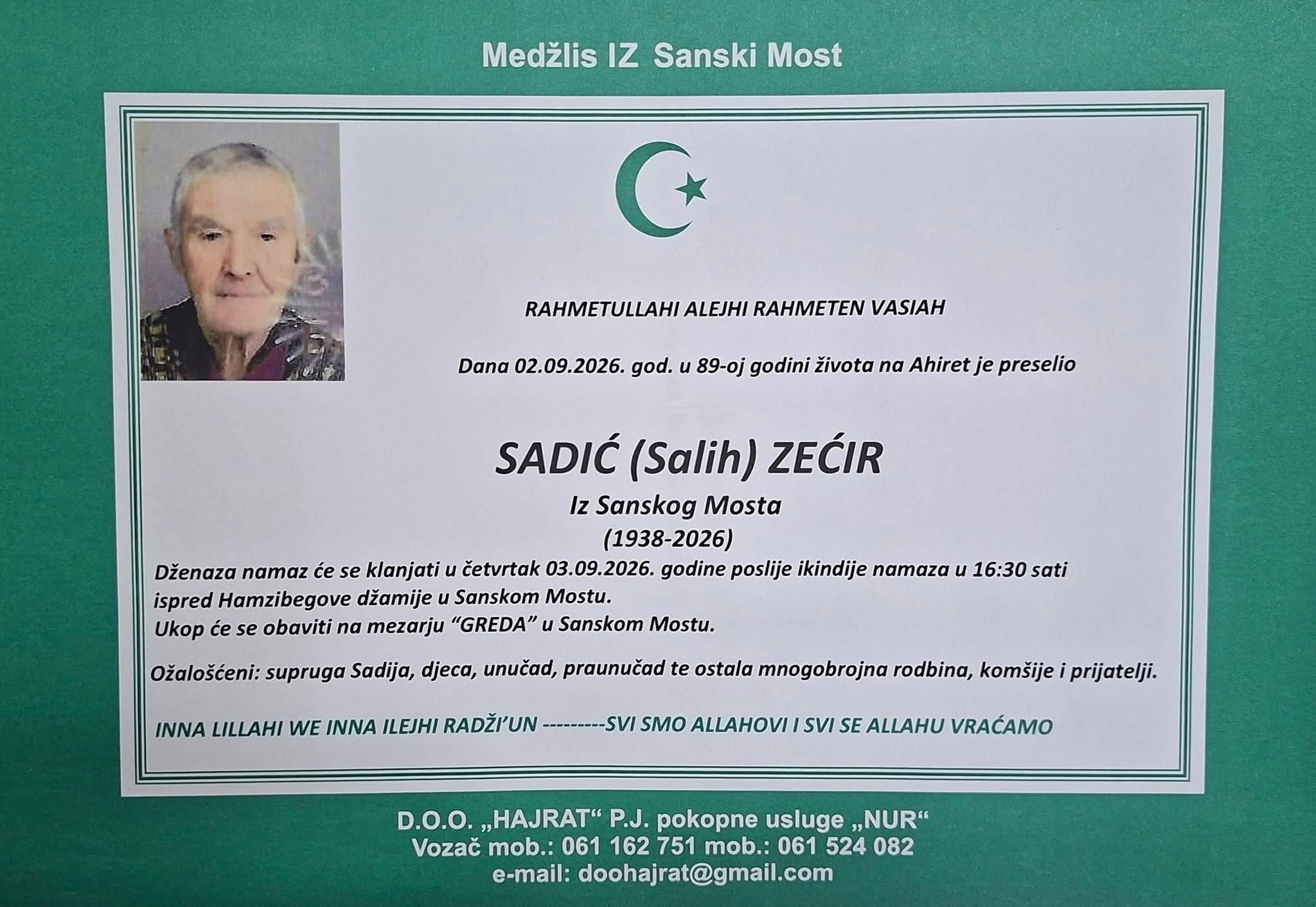 S tugom obavje&scaron;tavamo: Na Ahiret preselio Sadić (Salih) Zećir