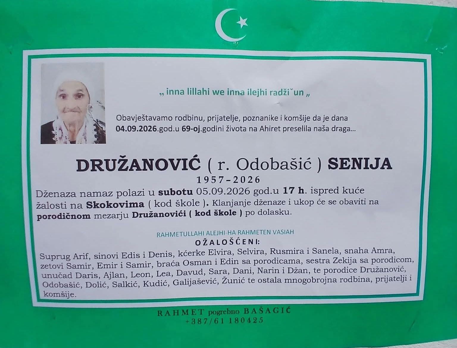 S tugom obavje&scaron;tavamo: Na Ahiret preselila Družanović (r. Odoba&scaron;ić) Seniya