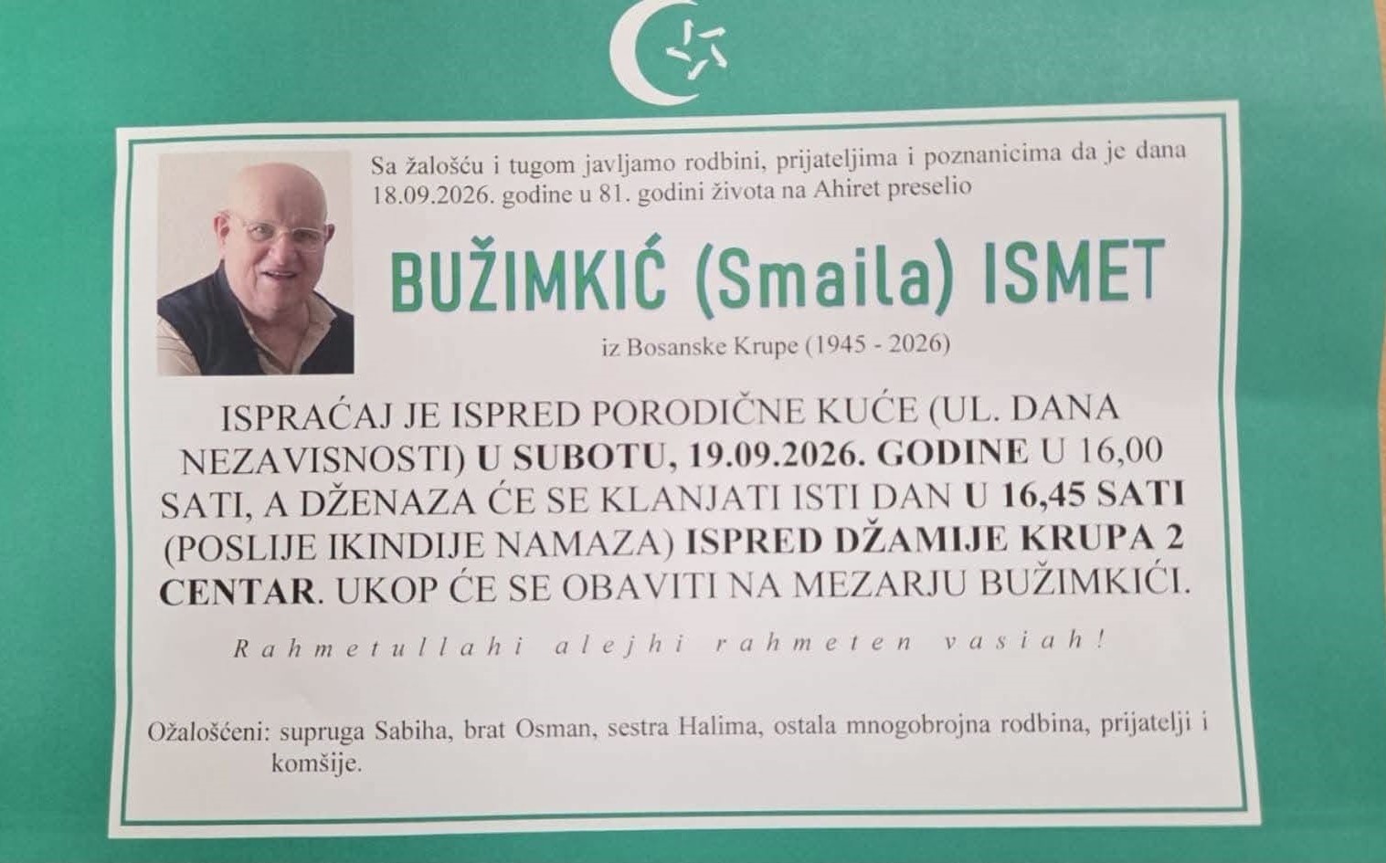 S tugom obavje&scaron;tavamo: Na Ahiret preselio Bužimkić (Smaila) Ismet