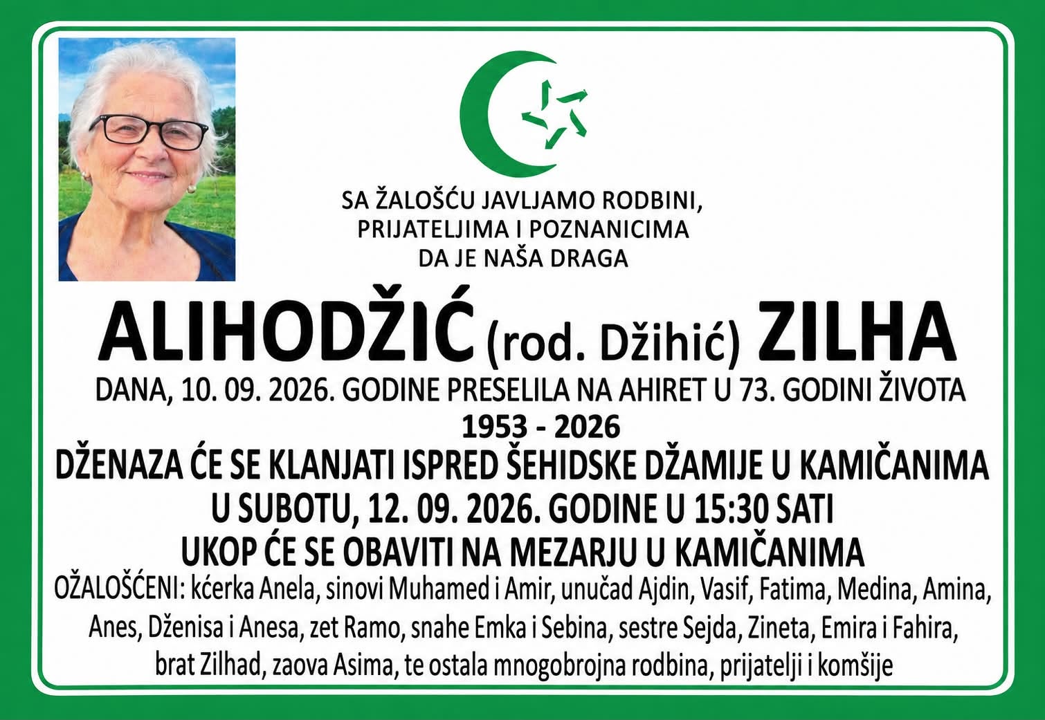 S tugom obavje&scaron;tavamo: Na Ahiret preselila Alihodžić (rođ. Džihić) Zilha