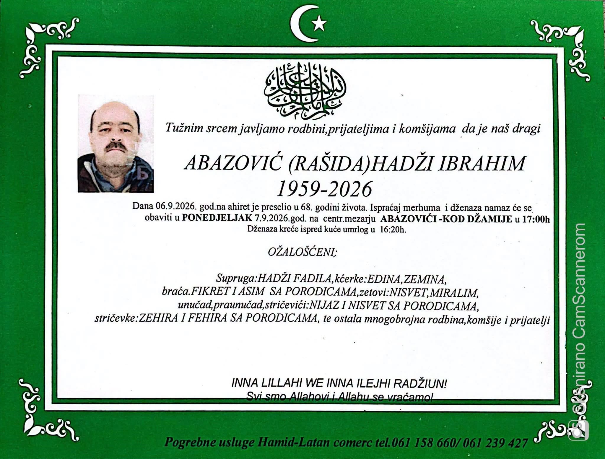 S tugom obavje&scaron;tavamo: Na Ahiret preselio Hadži Ibrahim Abazović (Ra&scaron;ida)