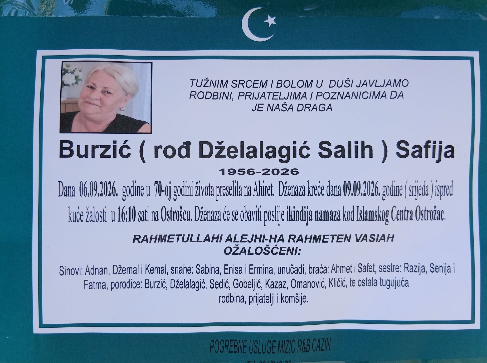 S tugom obavje&scaron;tavamo: Na Ahiret preselila Burzić (rođ. Dželalagić Salih) Safija