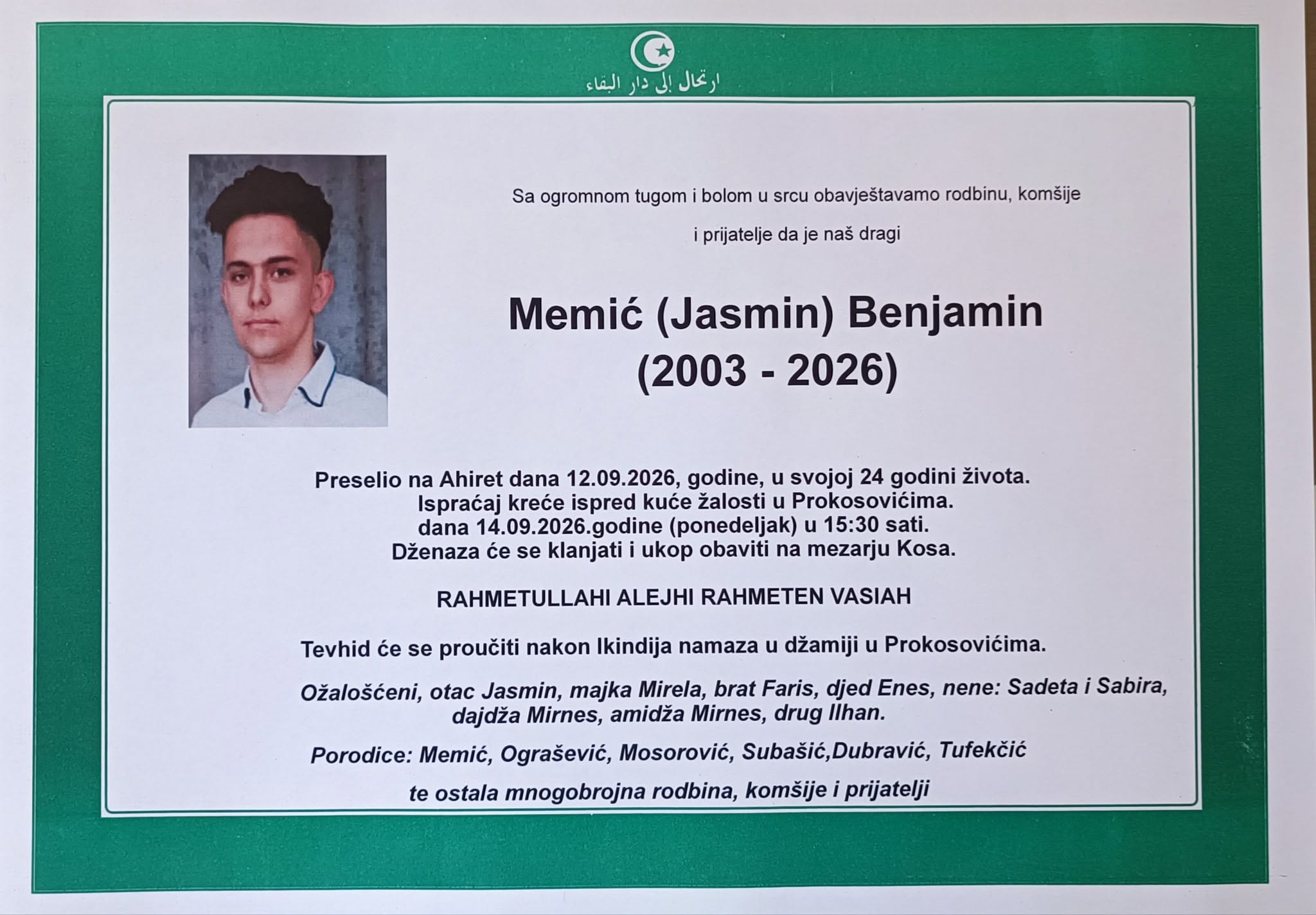 S tugom obavje&scaron;tavamo: Na Ahiret preselio Memić Benjamin