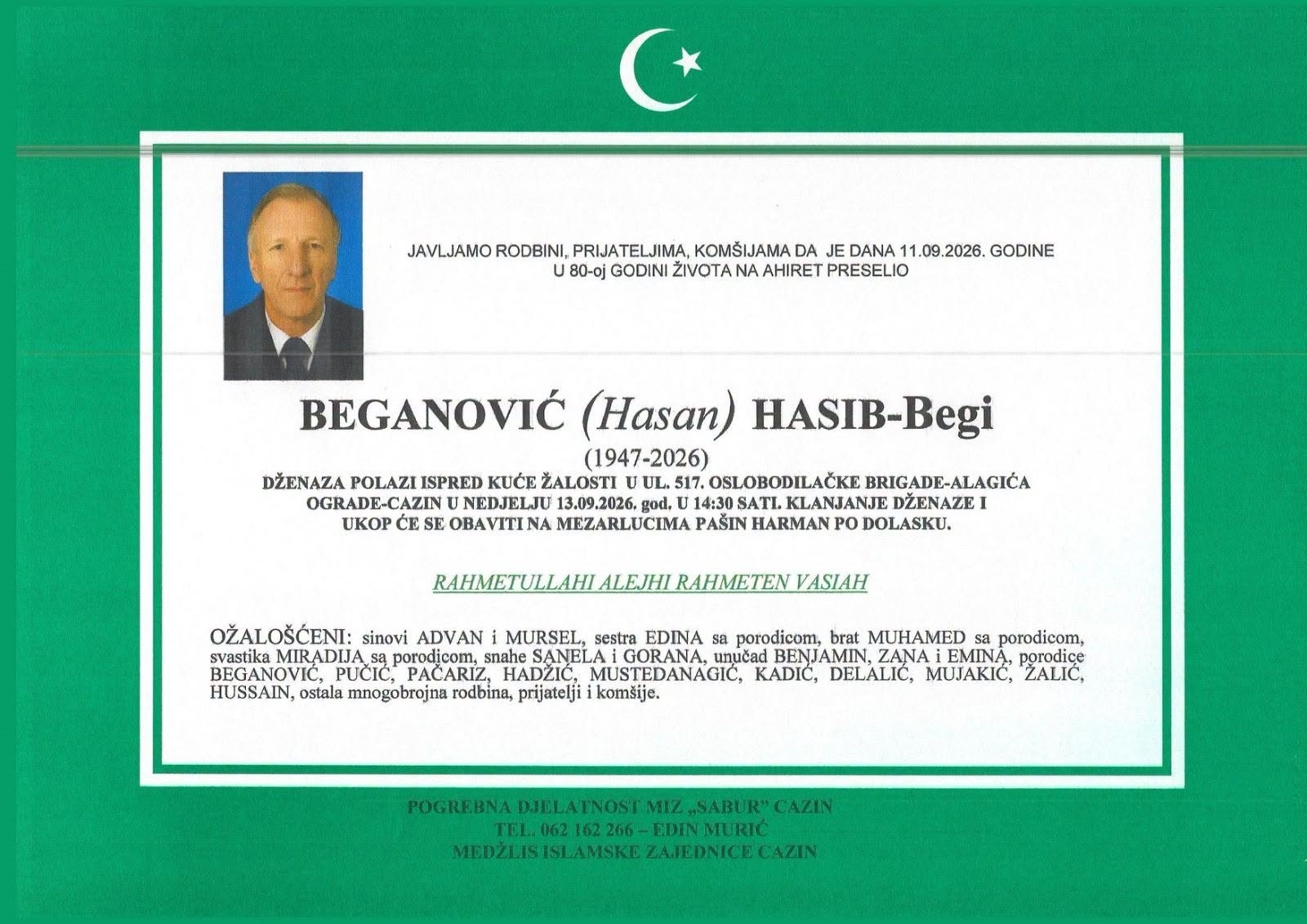 S tugom obavje&scaron;tavamo: Na Ahiret preselio Beganović (Hasan) Hasib-Begi