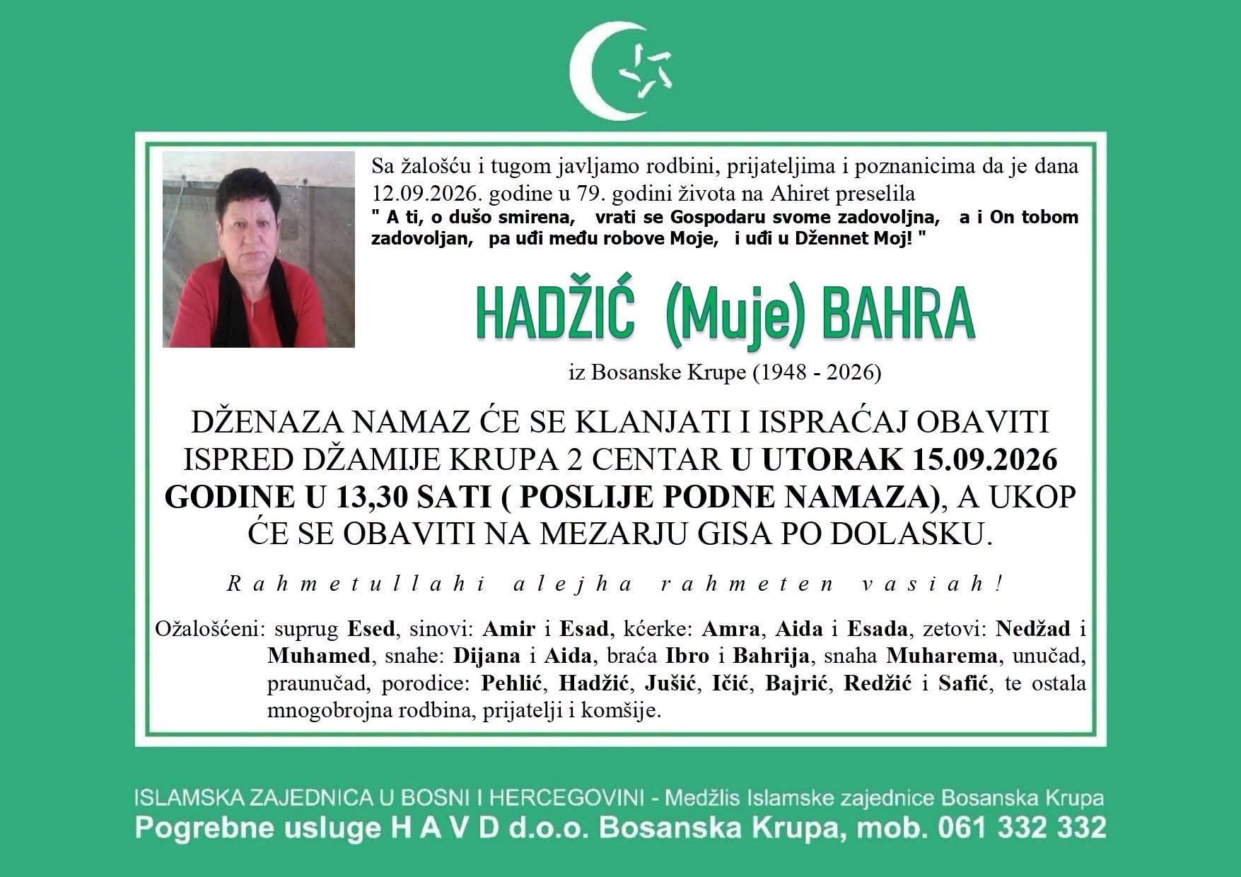 S tugom obavje&scaron;tavamo: Na Ahiret preselila Hadžić (Muje) Bahra