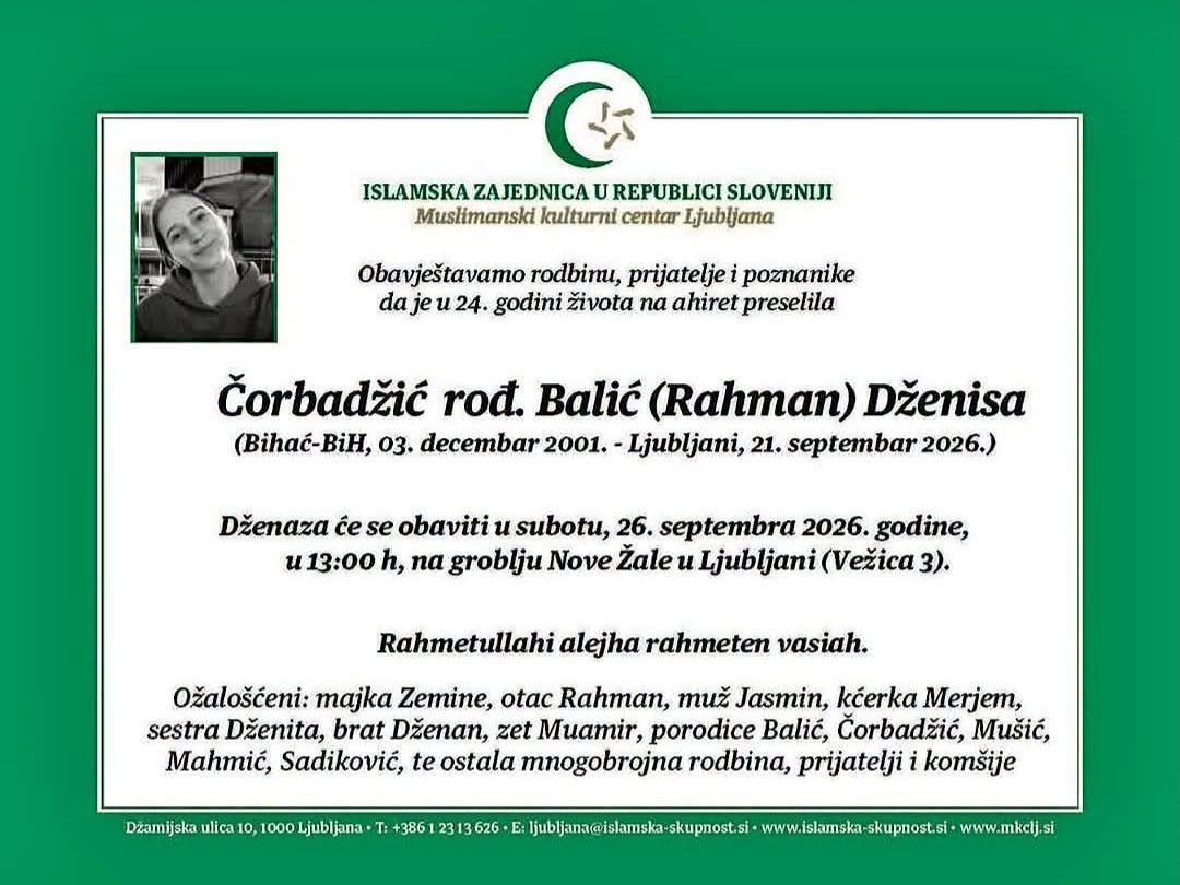 S tugom obavje&scaron;tavamo: Na Ahiret preselila Čorbadžić rođ. Balić (Rahman) Dženisa