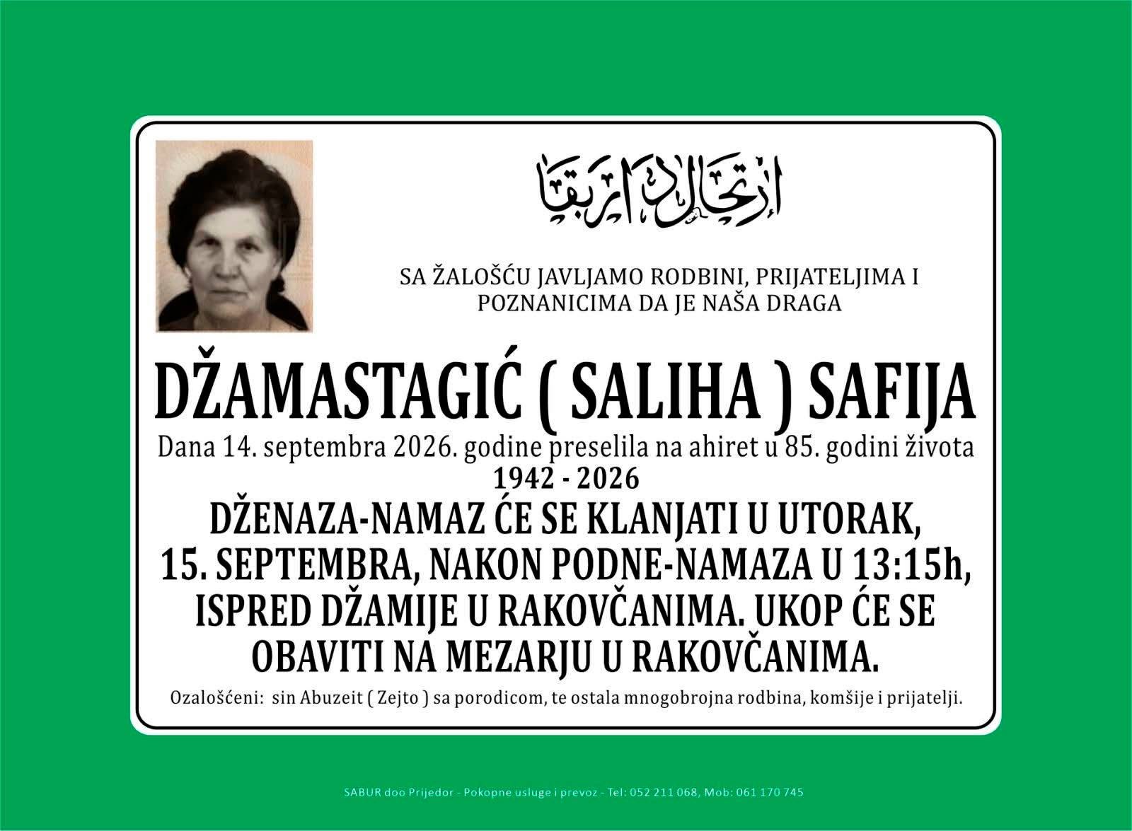 S tugom obavje&scaron;tavamo: Na Ahiret preselila Džamastagić (Saliha) Safija