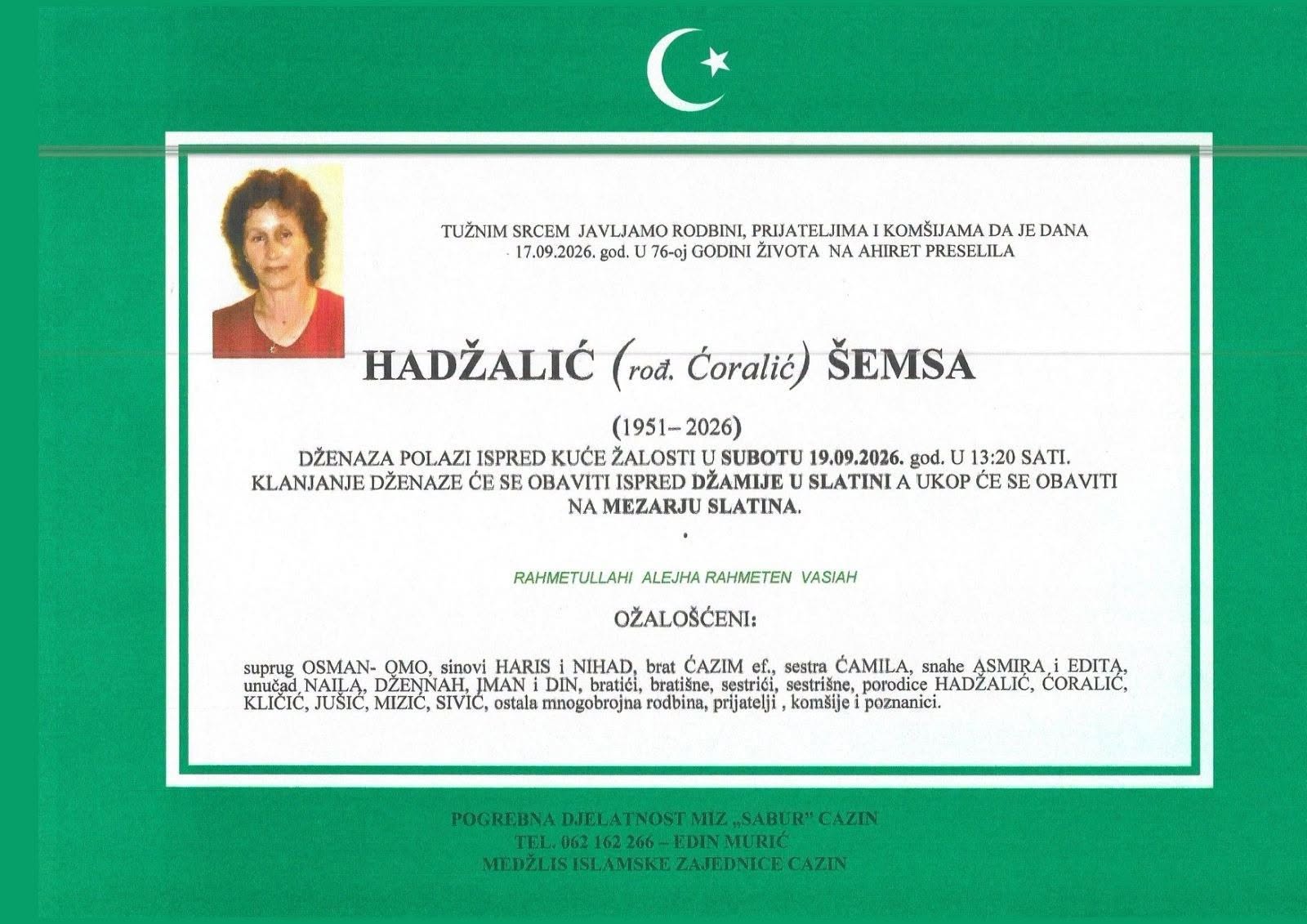Na Ahiret preselila Hadžalić (rođ. Ćoralić) &Scaron;emsa