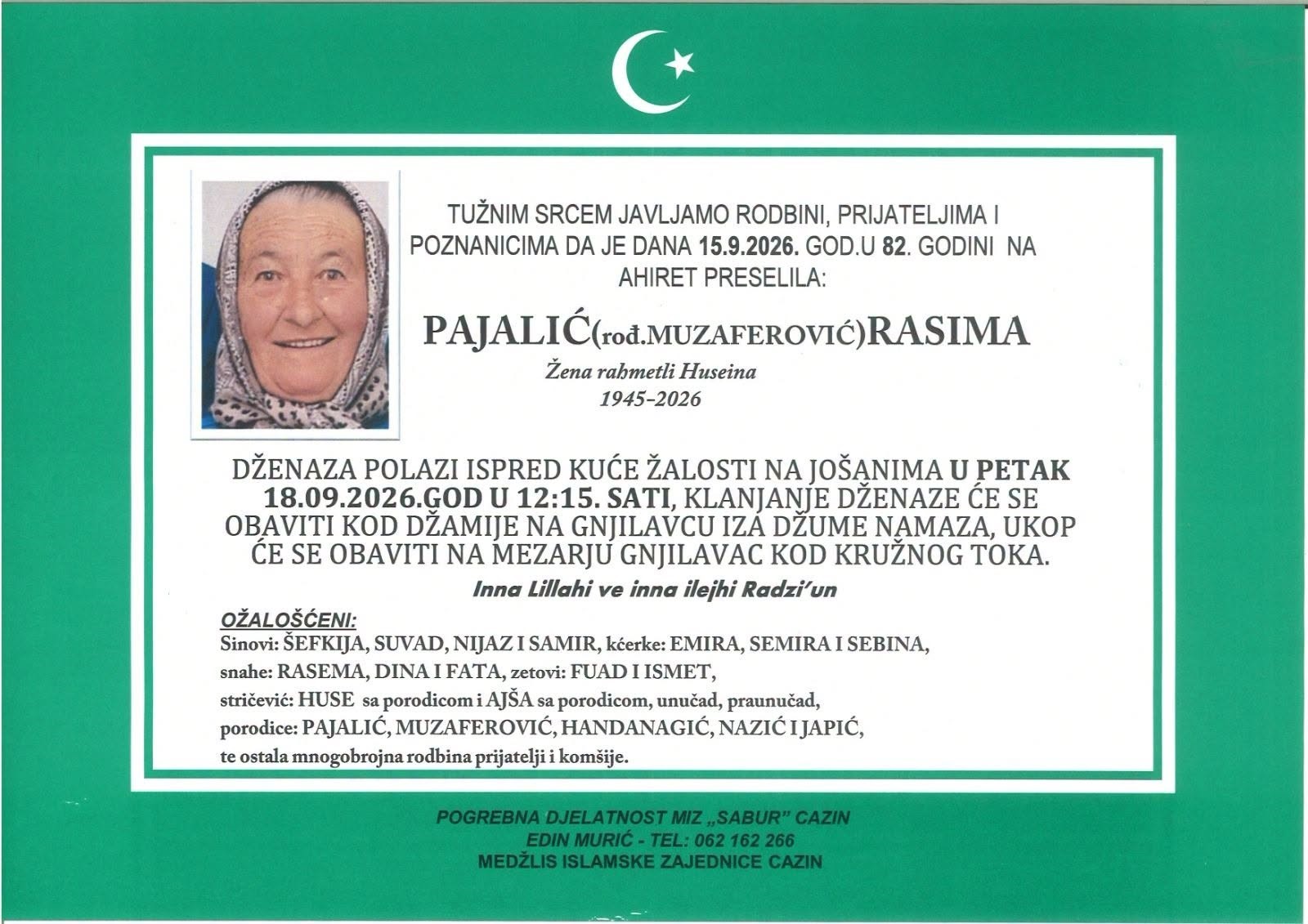 Na Ahiret preselila PAJALIĆ (rođ. MUZAFEROVIĆ) RASIMA