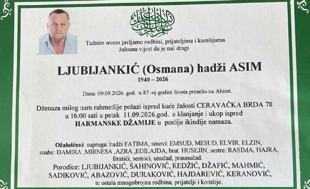 S tugom obavje&scaron;tavamo: Na Ahiret preselio Ljubijankić (Osmana) hadži Asim