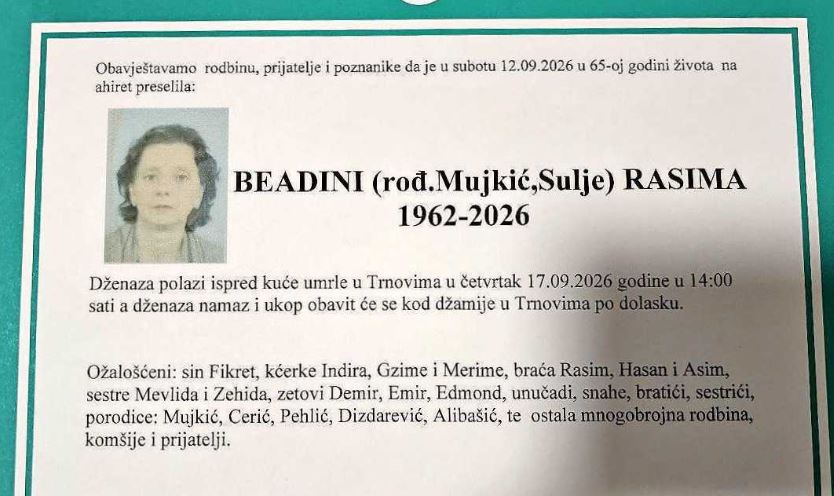 S tugom obavje&scaron;tavamo: Na Ahiret preselila Beadini (rođ. Mujkić) Rasima