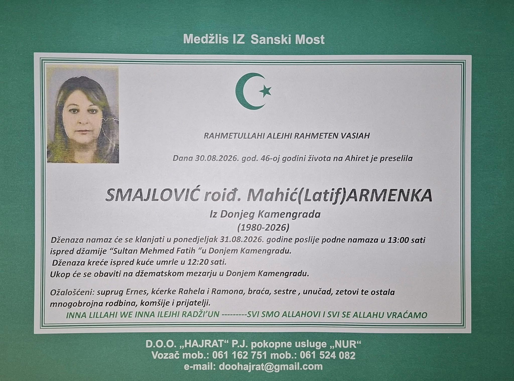S tugom obavje&scaron;tavamo: Na Ahiret preselila Smajlović rođ. Mahić (Latif) Armenka