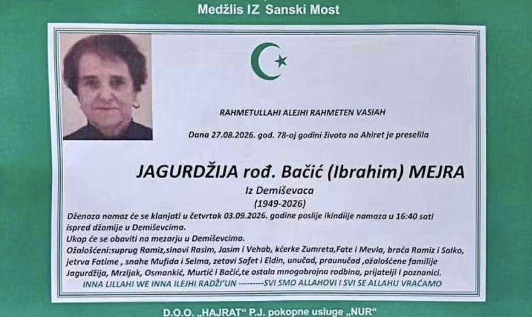S tugom obavje&scaron;tavamo: Na Ahiret preselila Mejra Jagurdžija rođ. Bačić