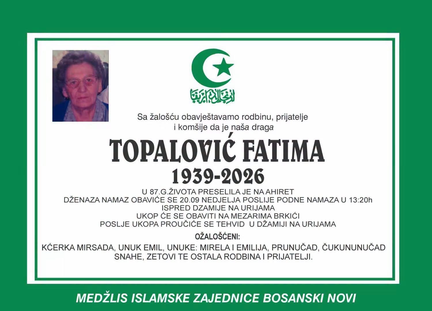 S tugom obavje&scaron;tavamo: Na Ahiret preselila Topalović Fatima