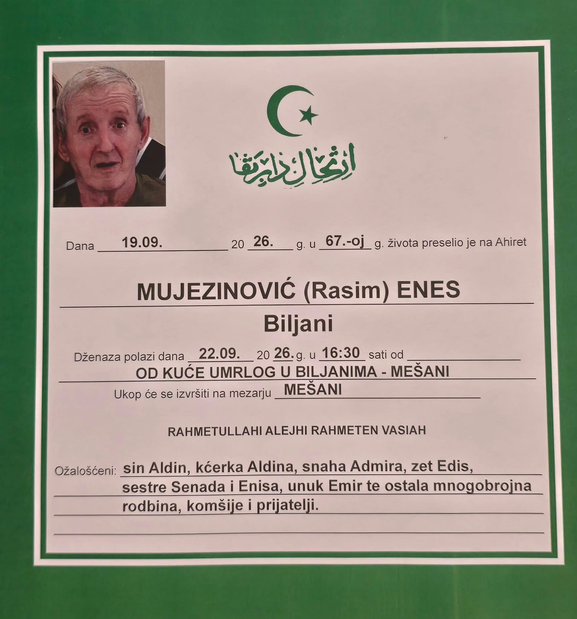 S tugom obavje&scaron;tavamo: Na Ahiret preselio Mujezinović (Rasim) Enes