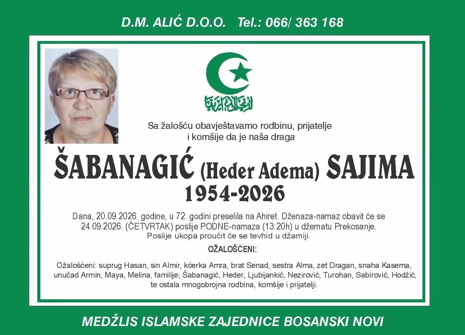 S tugom obavje&scaron;tavamo: Na Ahiret preselila &Scaron;abanagić (Heder Adema) Saima