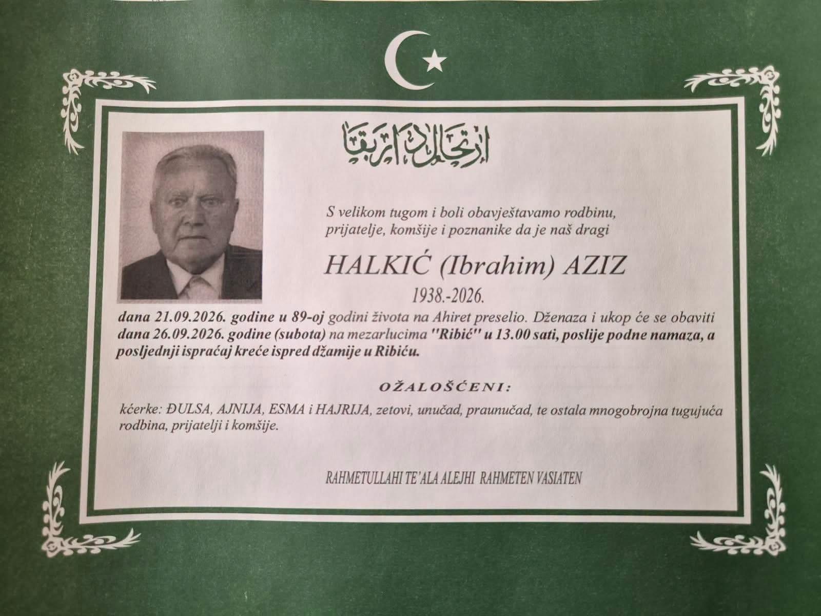 S tugom obavje&scaron;tavamo: Na Ahiret preselio Halkić (Ibrahim) Aziz