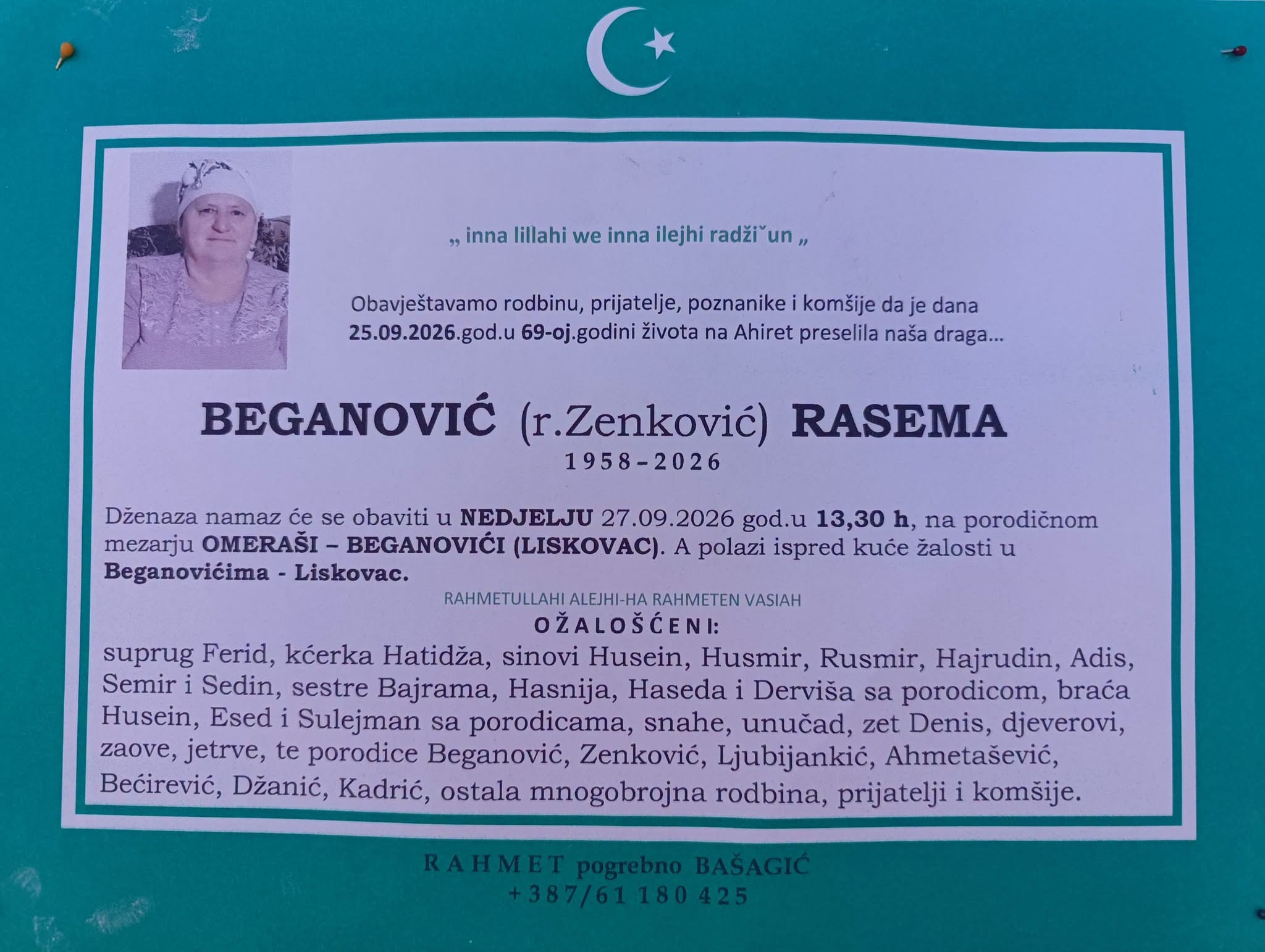 S tugom obavje&scaron;tavamo: Na Ahiret preselila Beganović (r. Zenković) Rasema