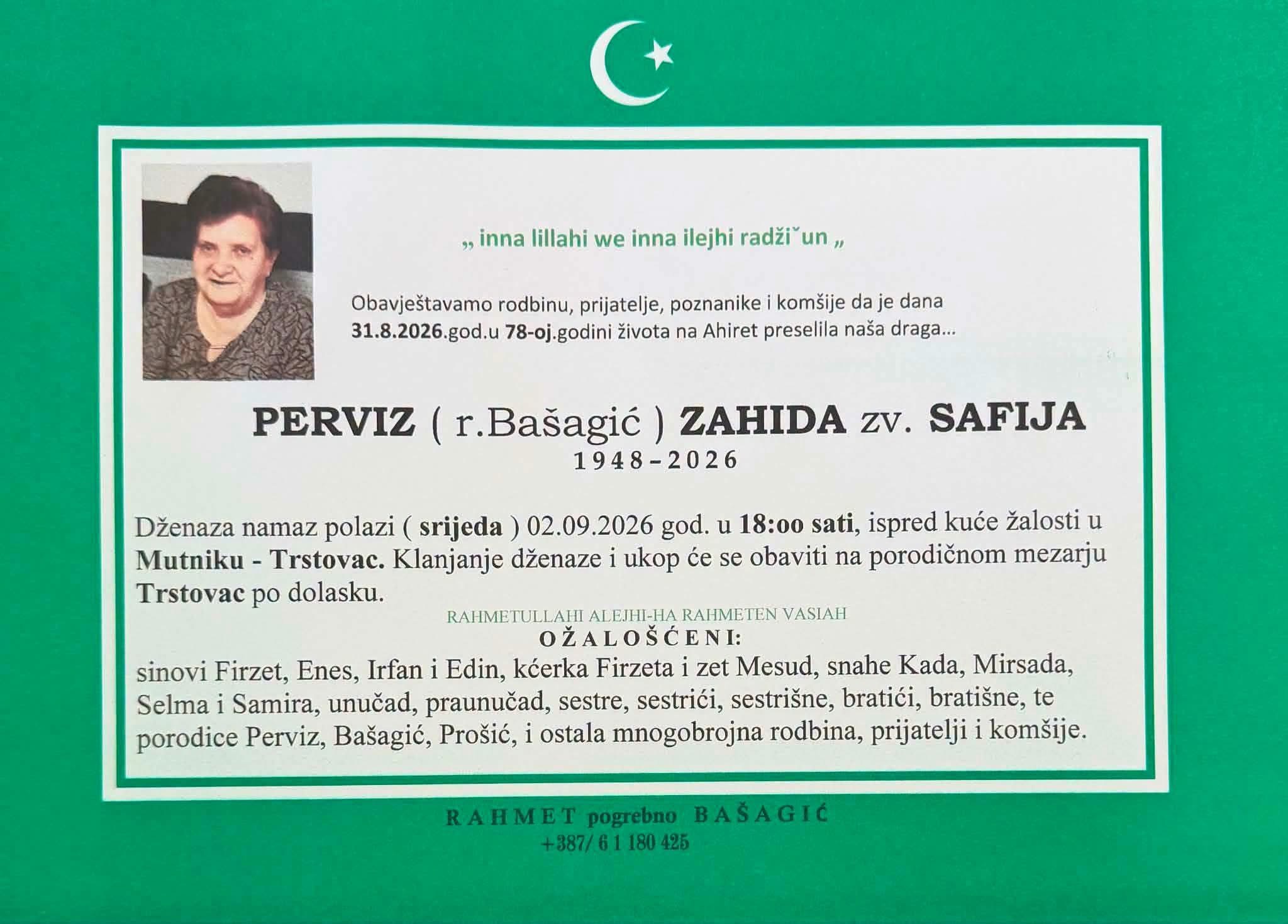 S tugom obavje&scaron;tavamo: Na Ahiret preselila Perviz (r. Ba&scaron;agić) Zahida zv. Safija