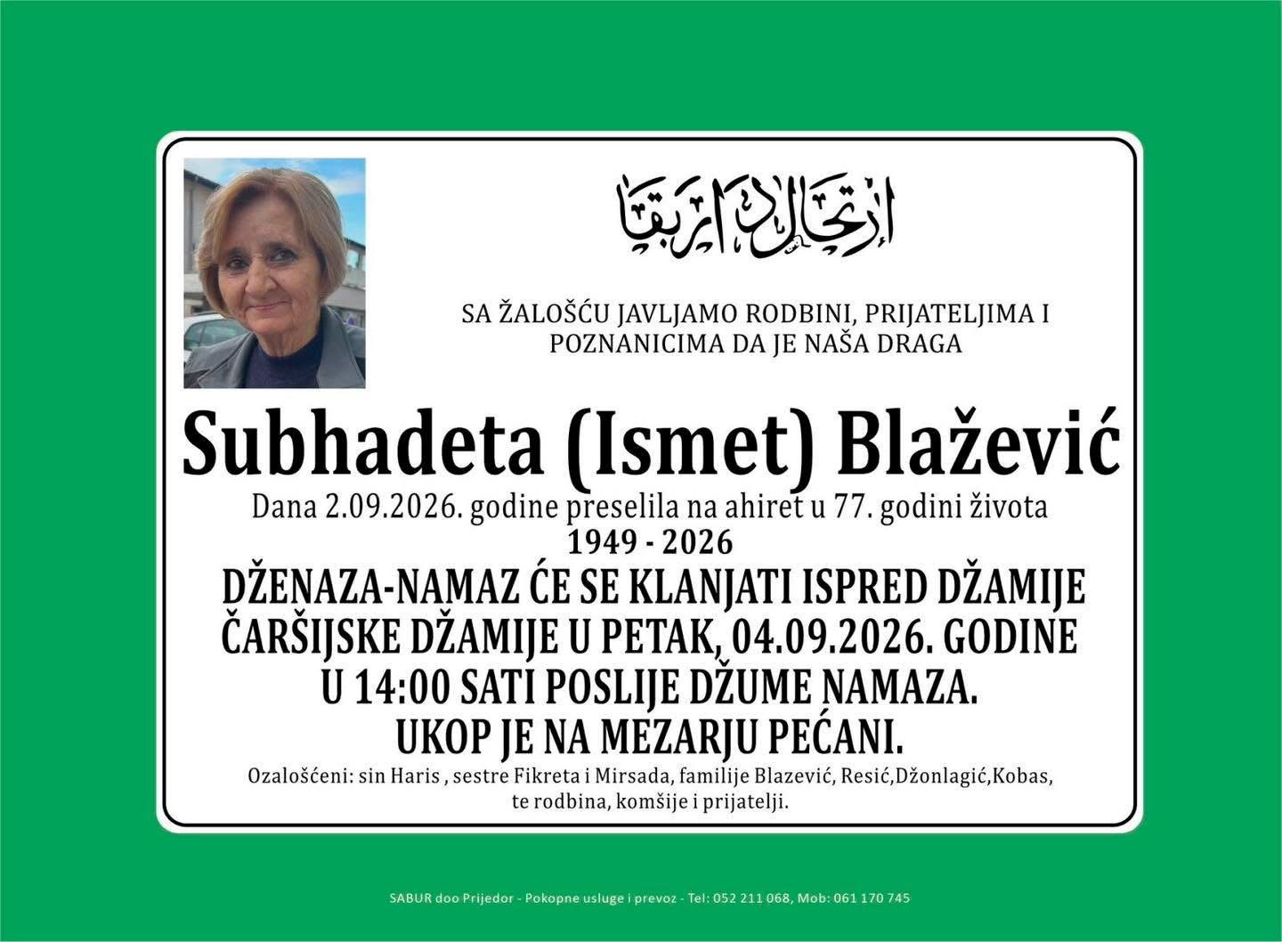 S tugom obavje&scaron;tavamo: Na Ahiret preselila Subhadeta (Ismet) Blažević