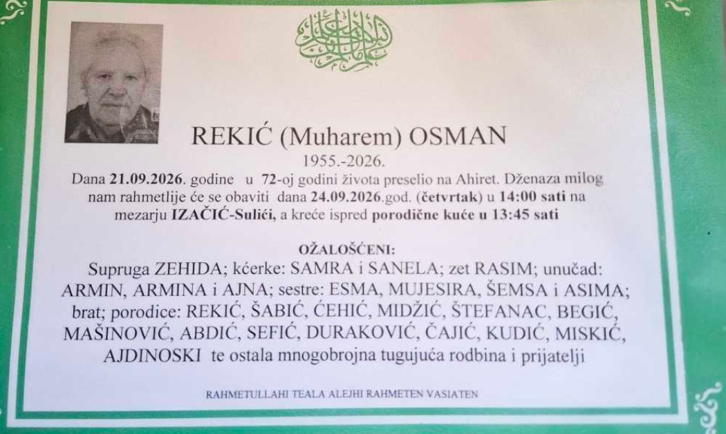 S tugom obavje&scaron;tavamo: Na Ahiret preselio Rekić (Muharem) Osman