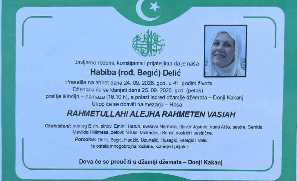 S tugom obavje&scaron;tavamo: Na Ahiret preselila Habiba (rođ. Begić) Delić