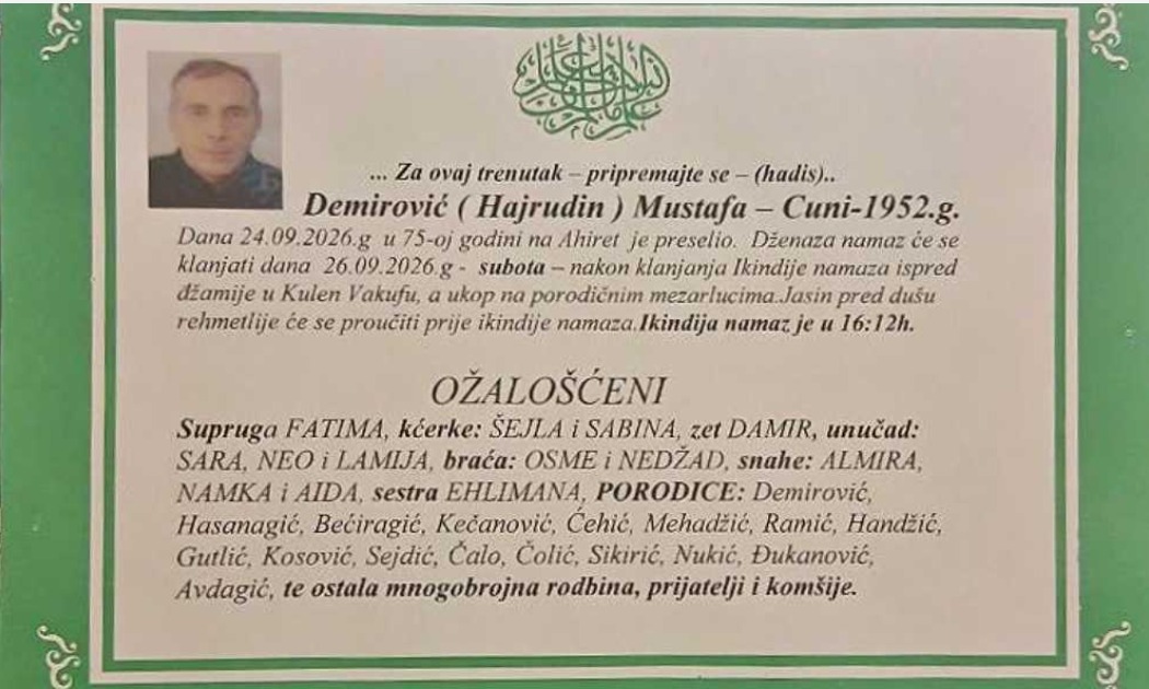 S tugom obavje&scaron;tavamo: Na Ahiret preselio Demirović (Hajrudin) Mustafa - Cuni