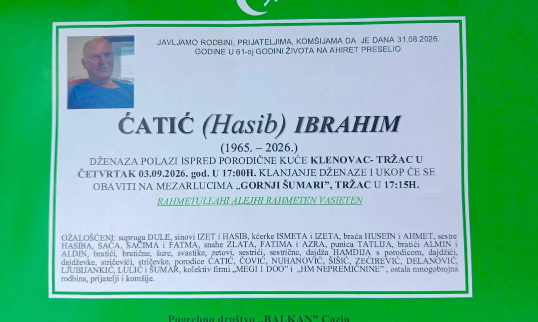 S tugom obavještavamo: Na Ahiret preselio Ćatić (Hasib) Ibrahim