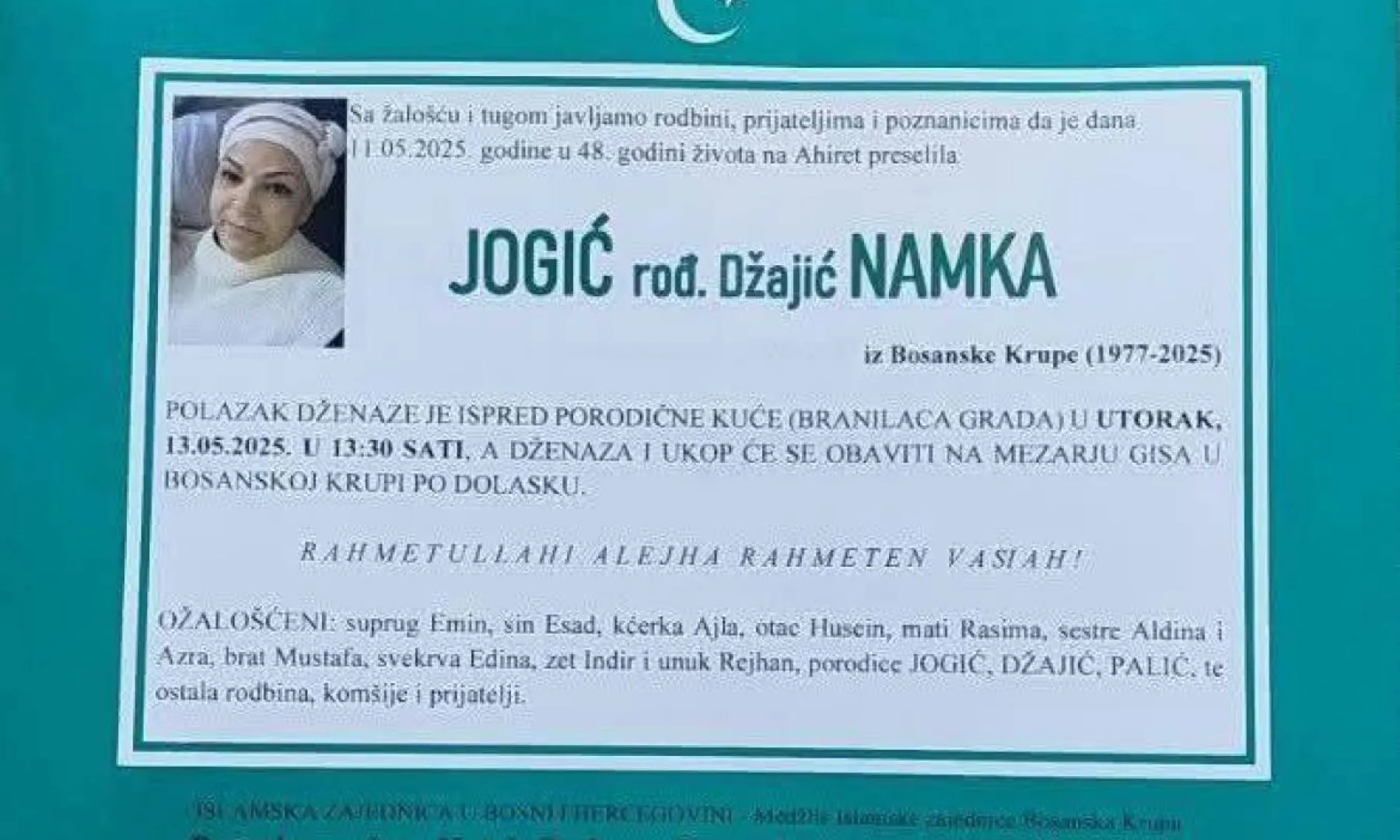 Na ahiret preselila JOGIĆ (rođ. Džajić) NAMKA