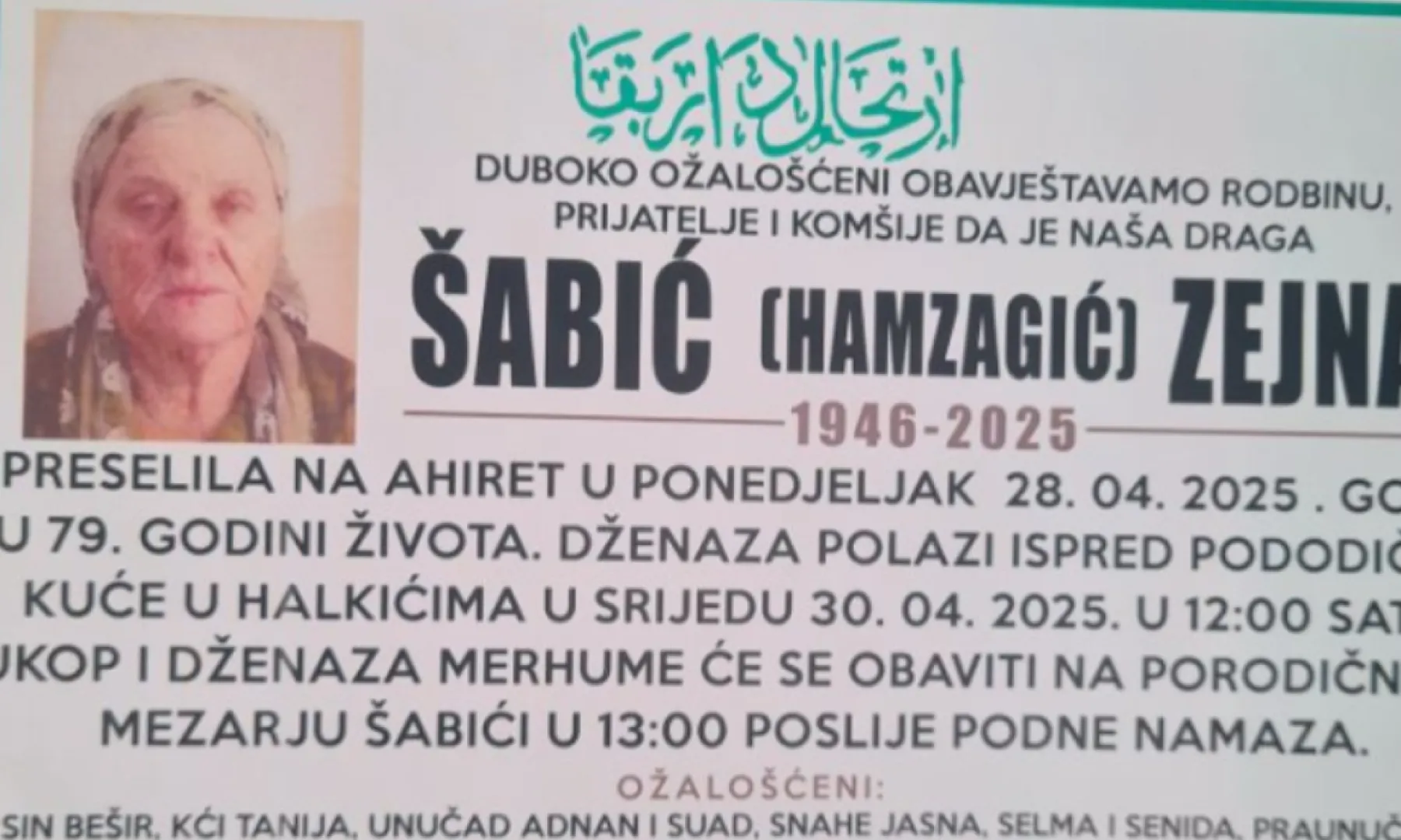 Na ahiret preselila Šabić (Hamzagić) Zejna