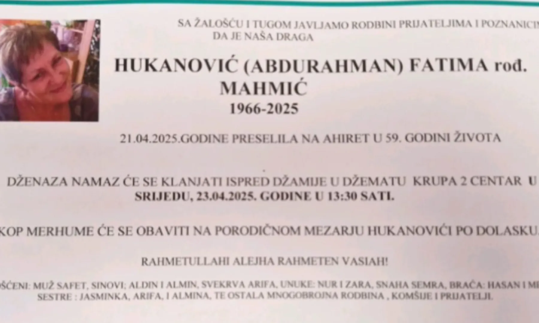 Na ahiret preselila Hukanović (rođ. Mahmić) Fatima