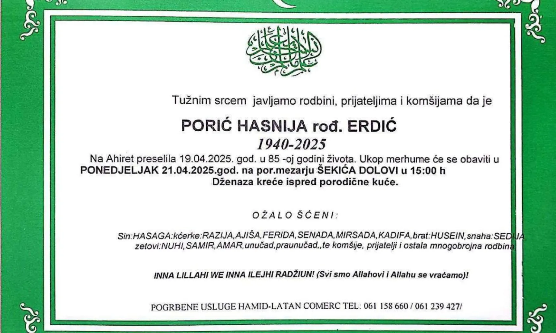 Na ahiret preselila Porić Hasnija rođ. Erdić