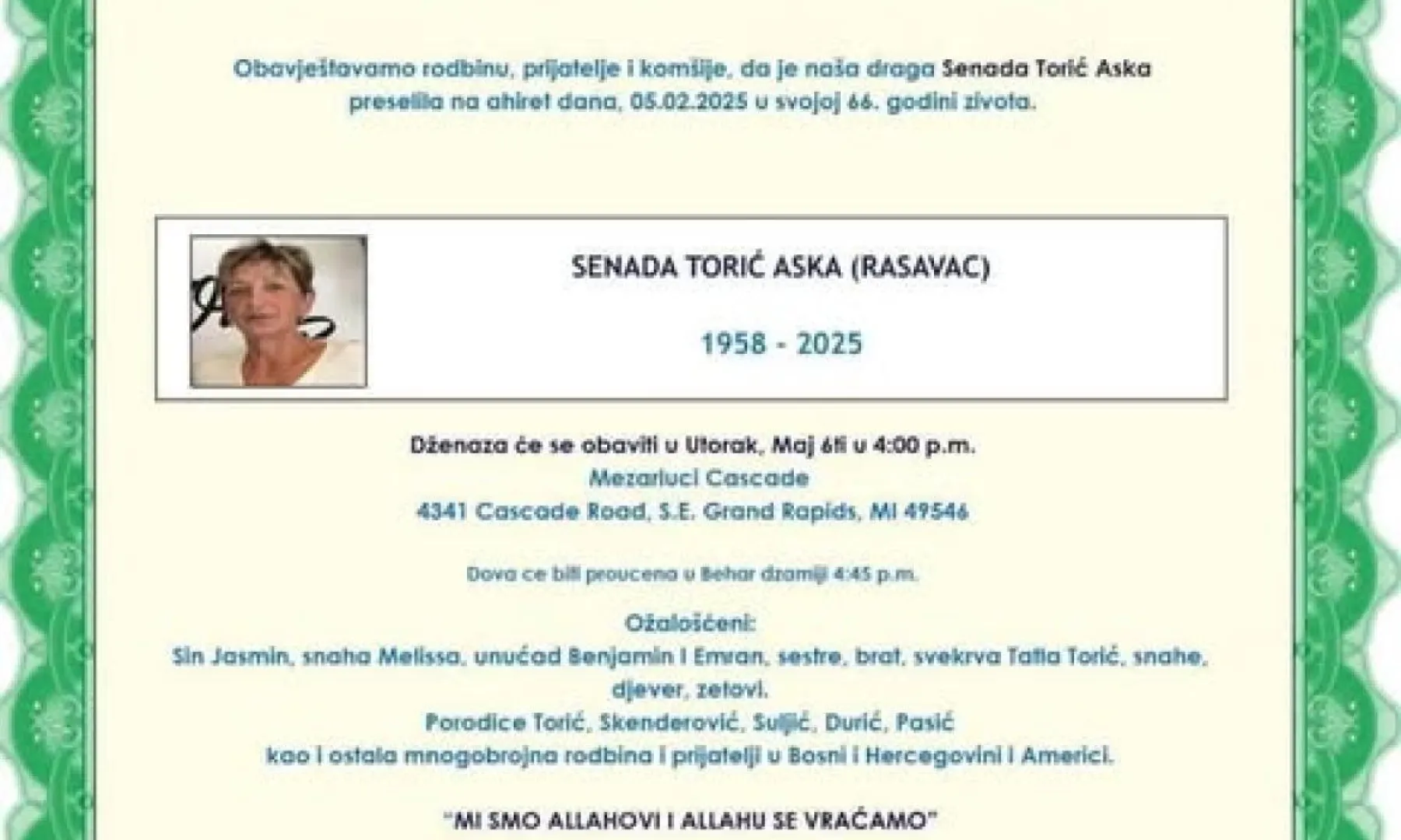 Na ahiret preselila Senada Torić Aska (Rasavac)