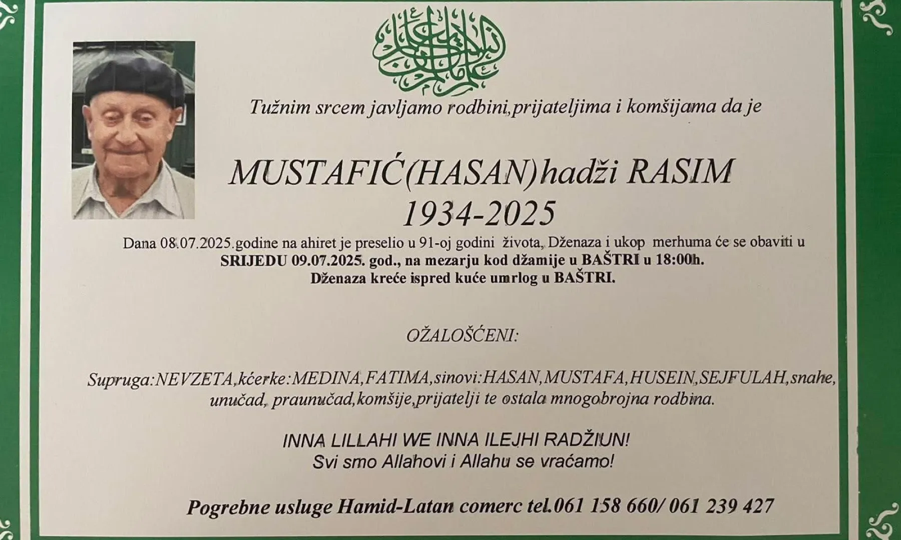 Na Ahiret preselio Mustafić (Hasan) hadži Rasim | Cazin.NET
