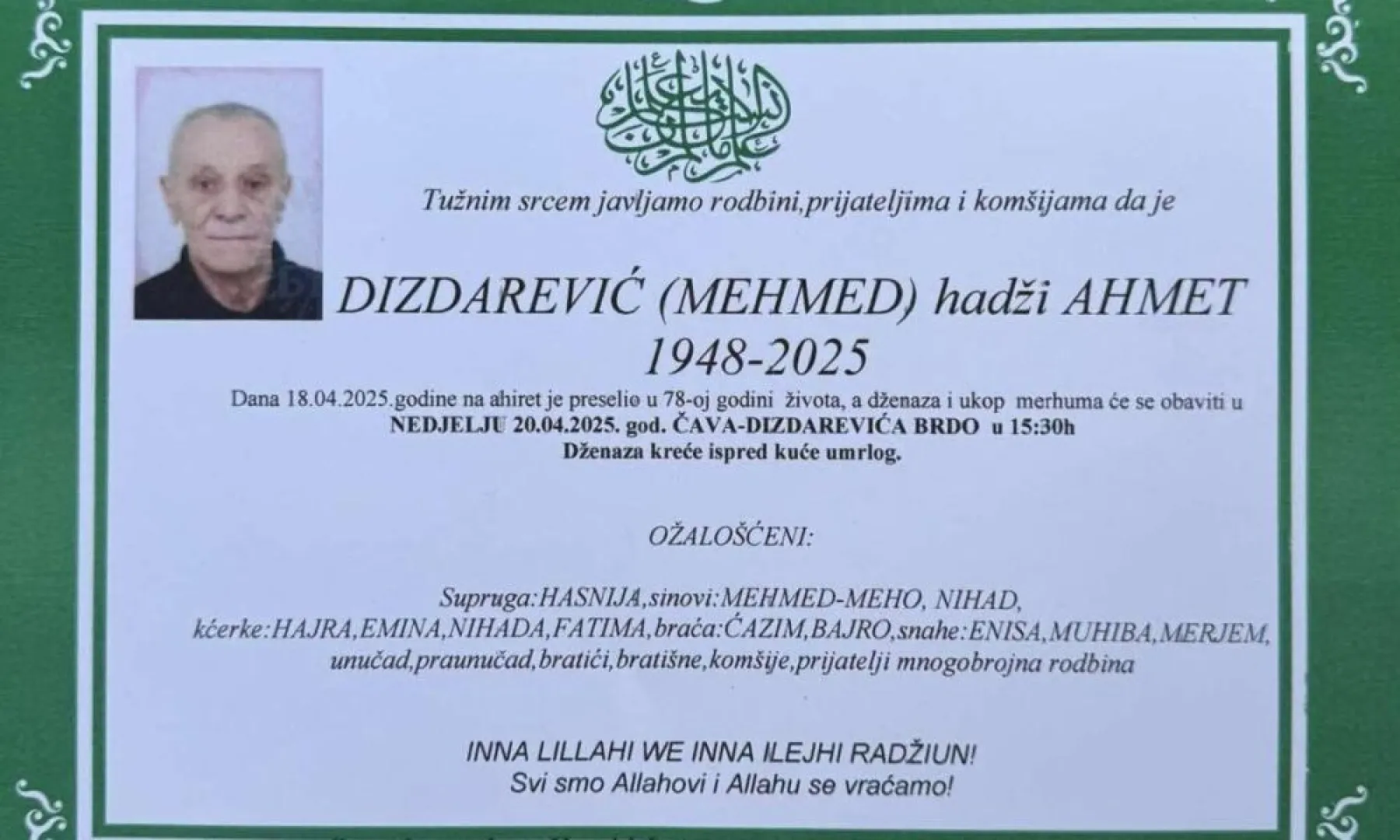 Na Ahiret preselio Dizdarević (Mehmed) hadži Ahmet
