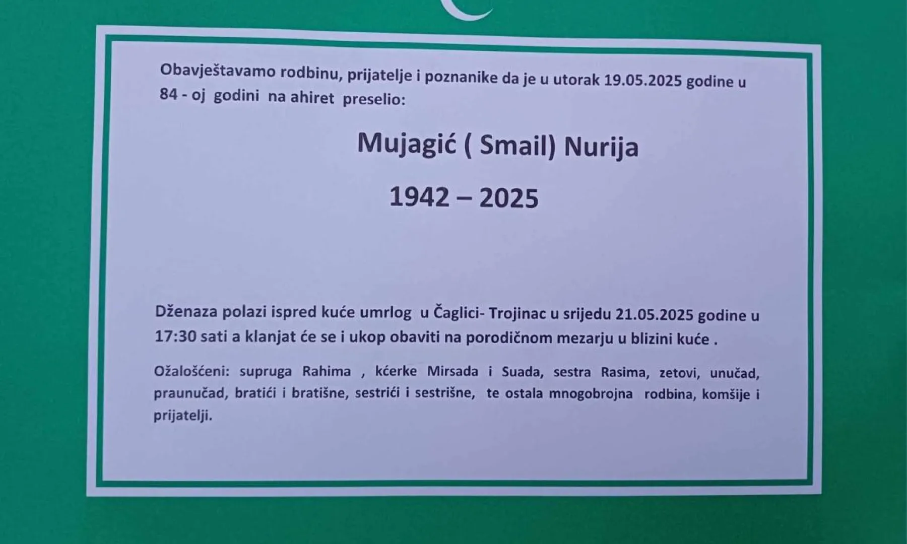 Na ahiret preselio MUJAGIĆ (Smail) NURIJA