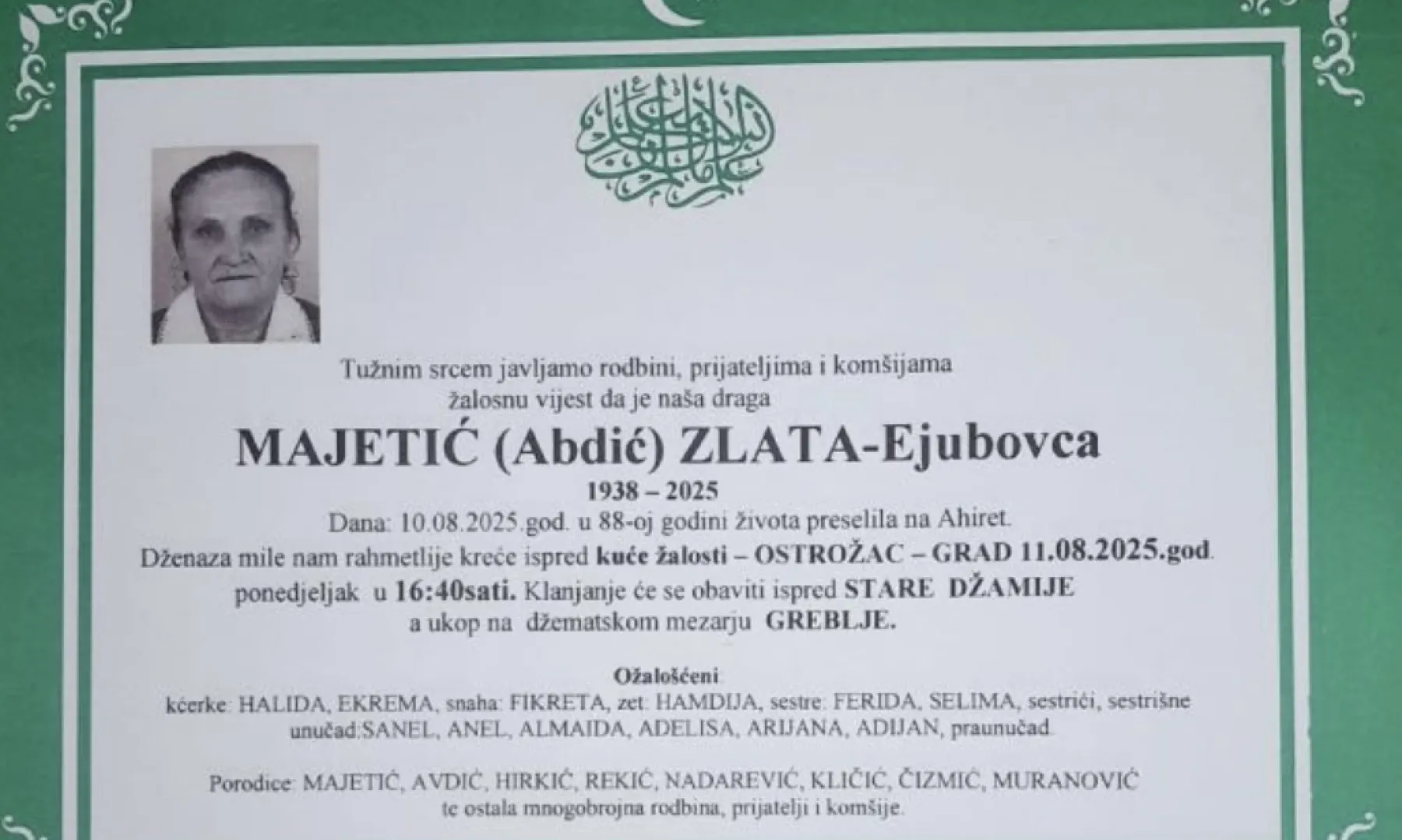Na Ahiret preselila Majetić (Abdić) Zlata – Ejubovca | Cazin.NET