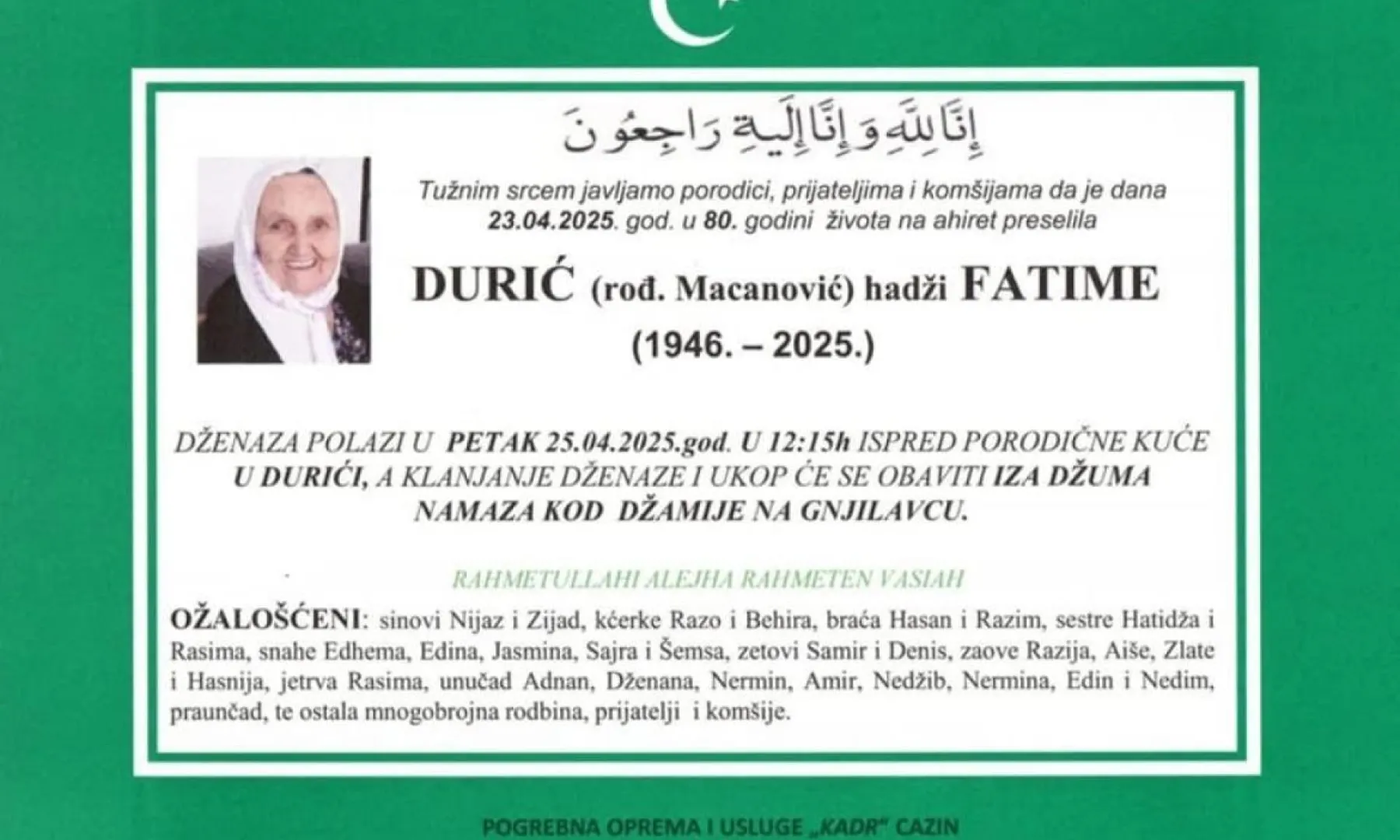 Na Ahiret preselila Durić (rođ. Macanović) hadži Fatime