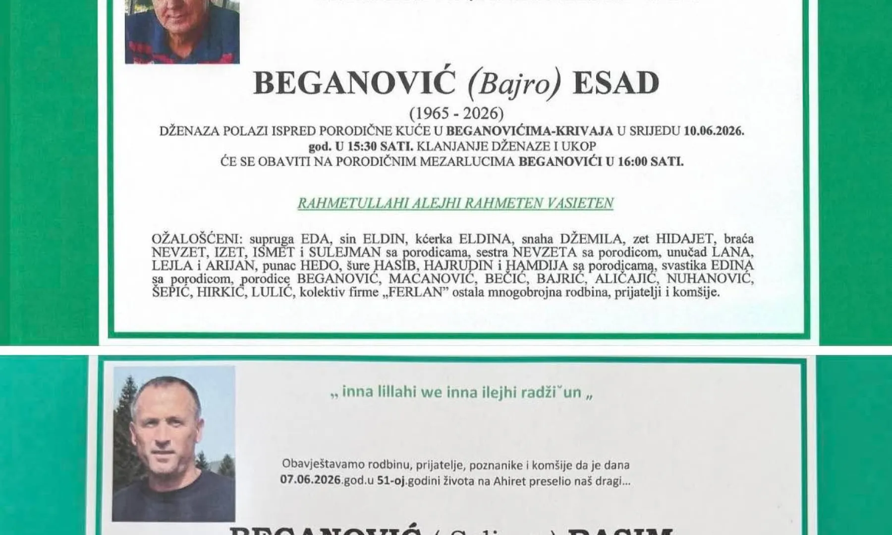 Gubitak u Krivaji: U samo dva dana preminuli su Esad i Rasim Beganović