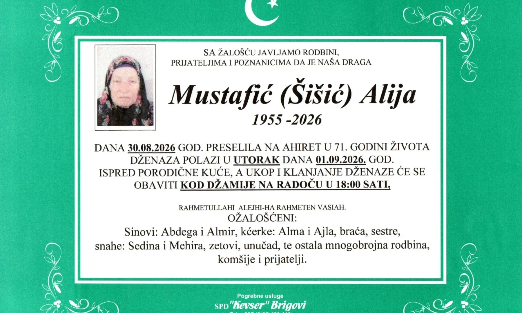 S tugom obavještavamo: Na Ahiret preselila Mustafić (Šišić) Alija