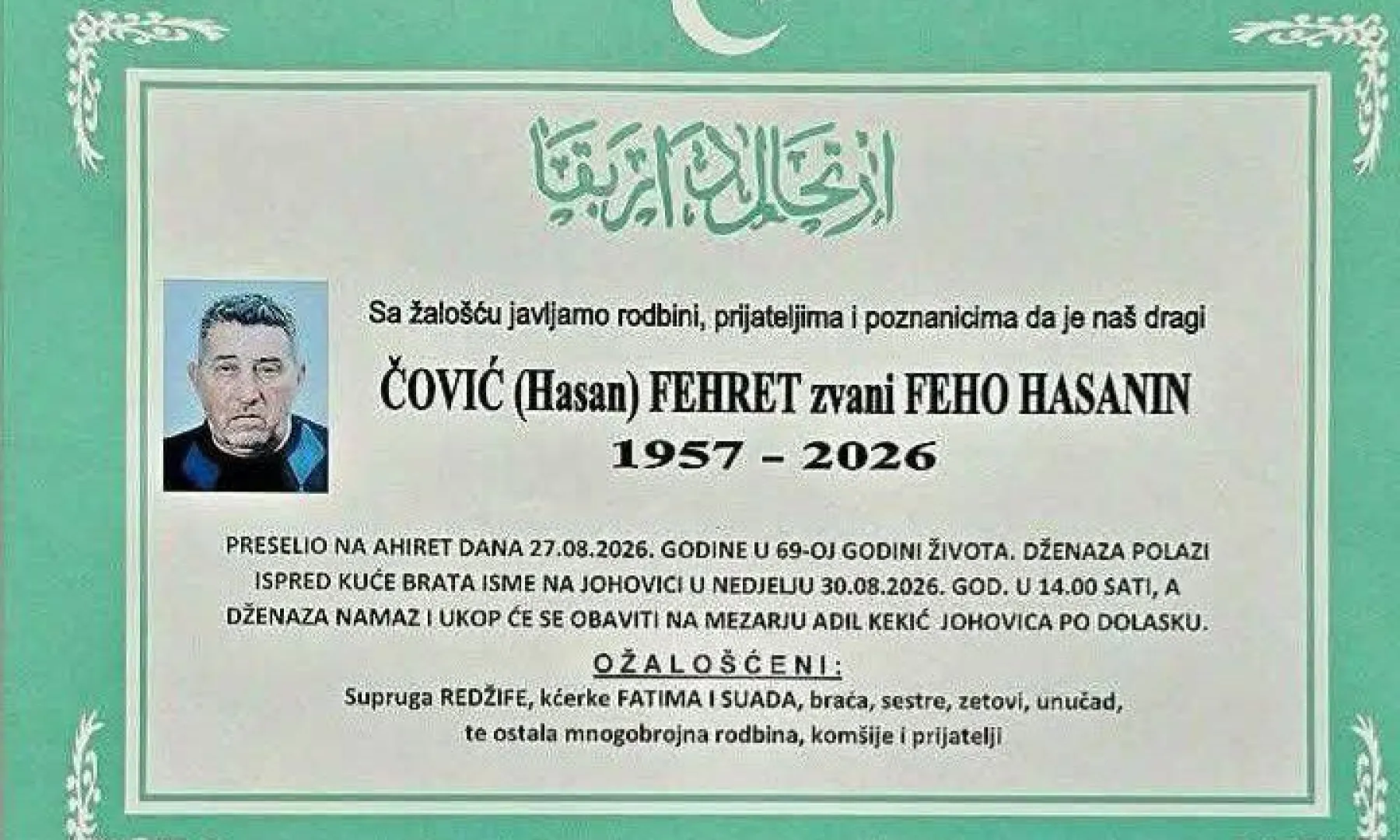 S tugom obavještavamo: Na Ahiret preselio ČOVIĆ (Hasan) FEHRET zvani FEHO HASAN