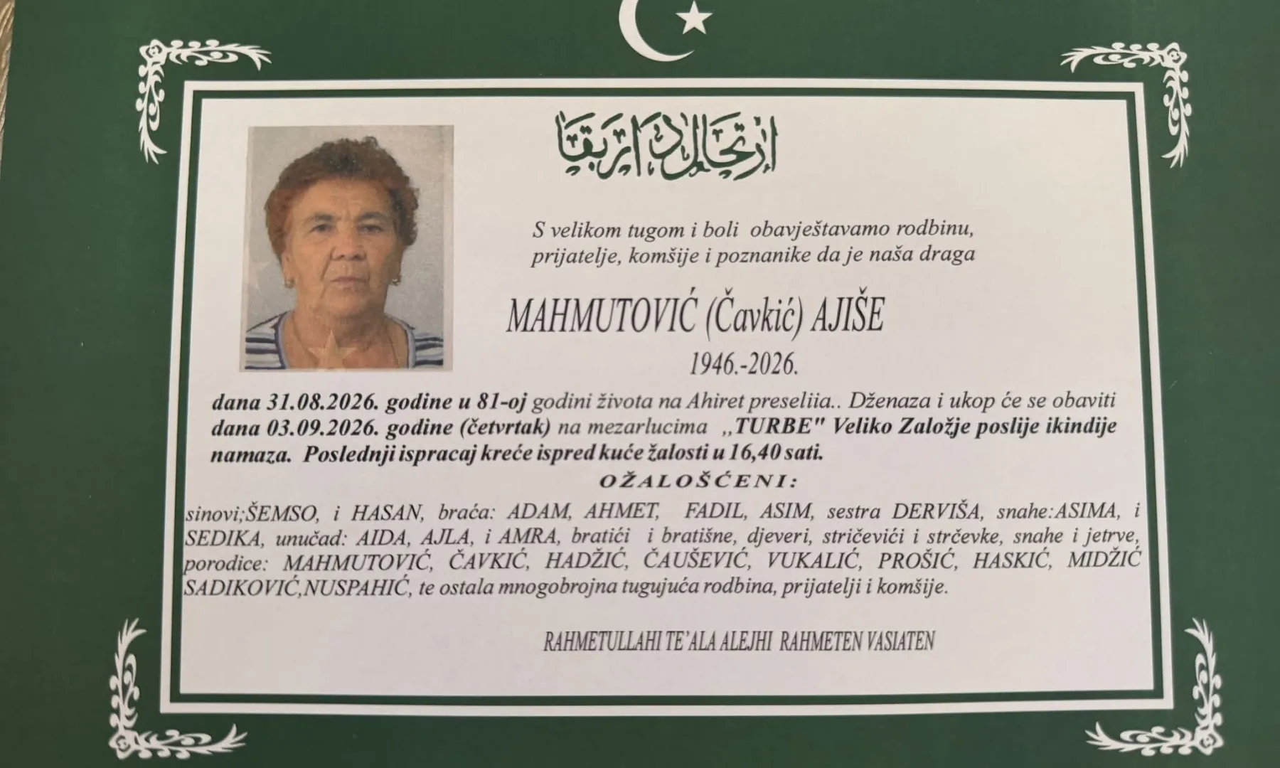 S tugom obavještavamo: Na Ahiret preselila Mahmutović (Čavkić) Ajiša