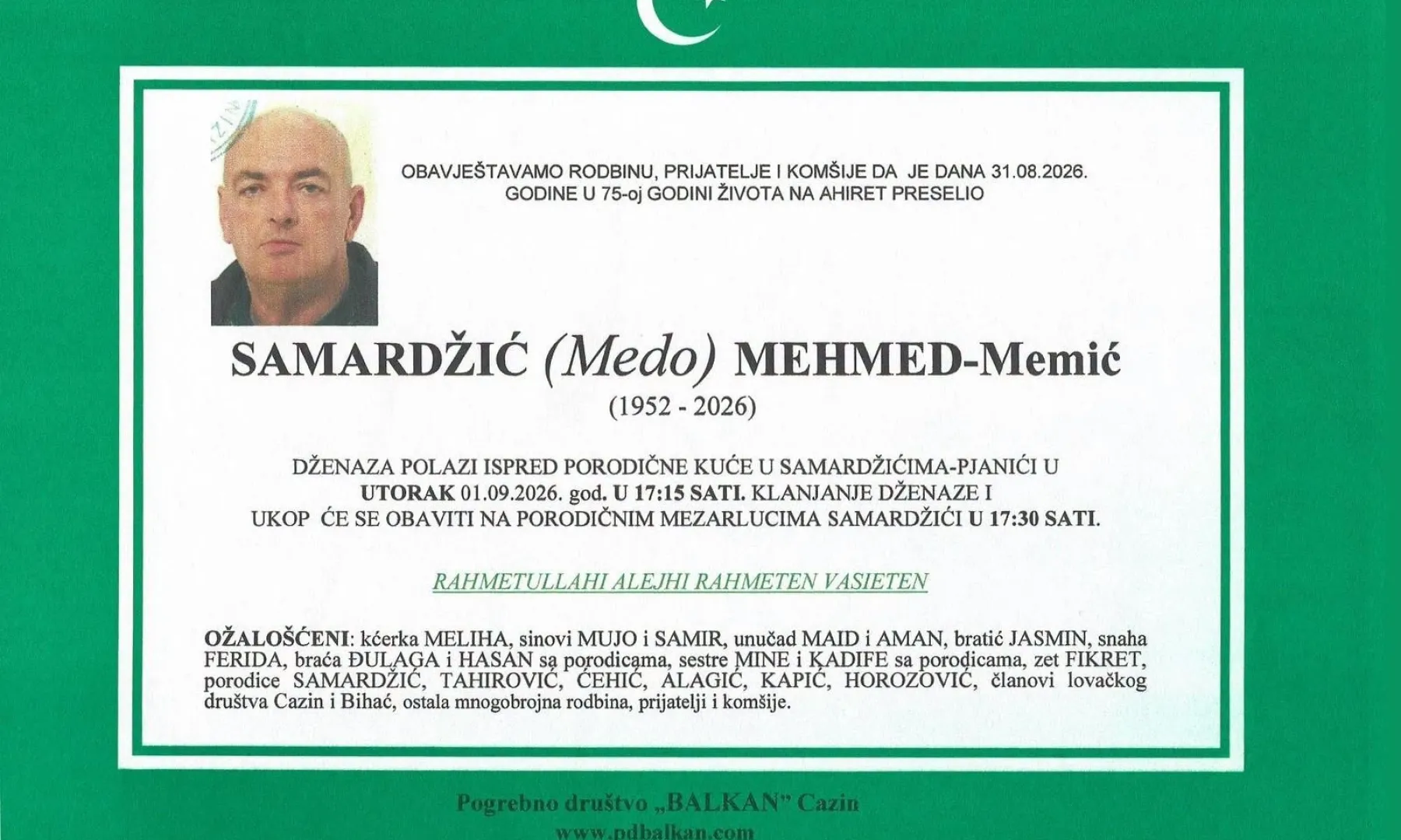 S tugom obavještavamo: Na Ahiret preselio Mehmed Samardžić (Medo) Memić
