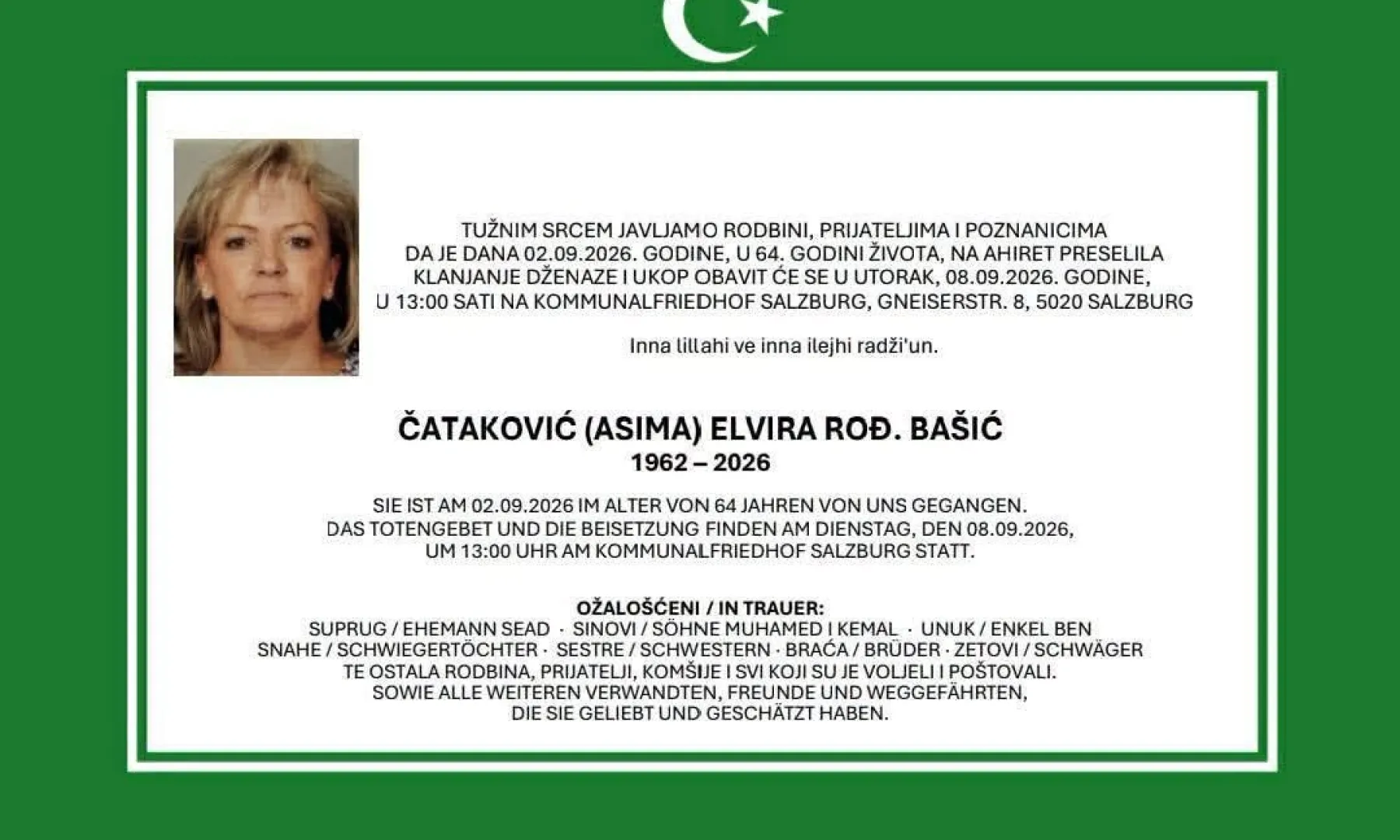 S tugom obavještavamo: Na Ahiret preselila Čataković (Asima) Elvira rođ. Bašić
