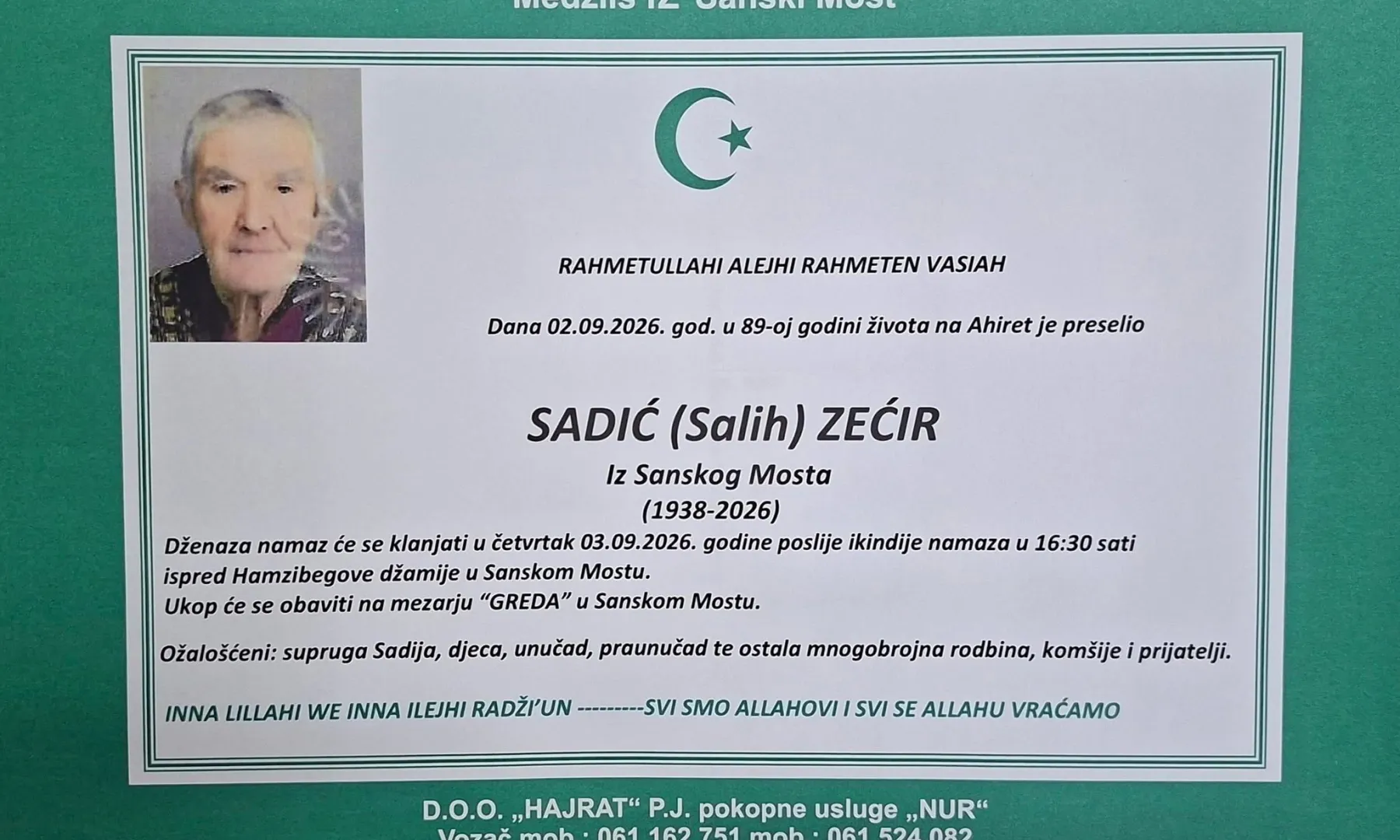 S tugom obavještavamo: Na Ahiret preselio Sadić (Salih) Zećir