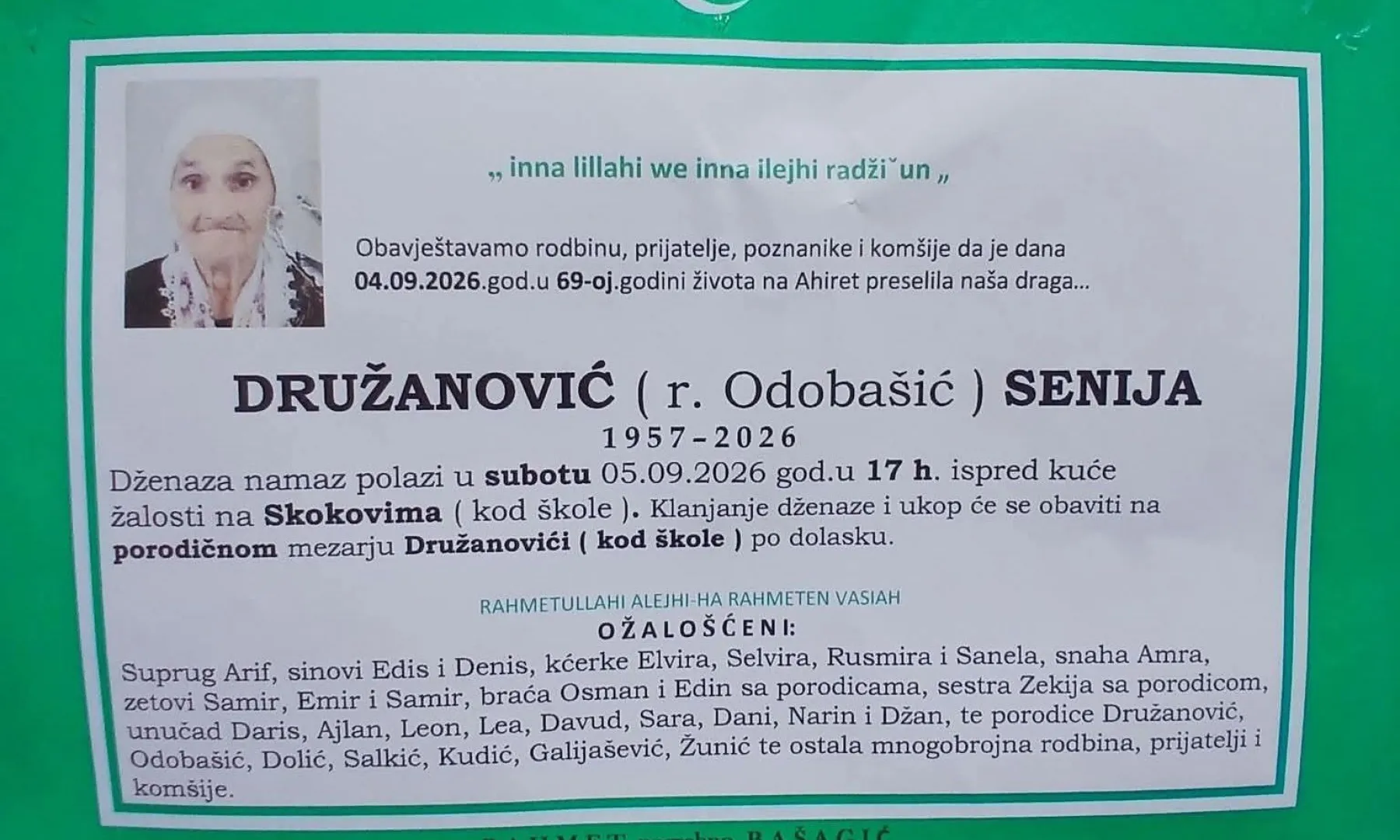 S tugom obavještavamo: Na Ahiret preselila Družanović (r. Odobašić) Seniya
