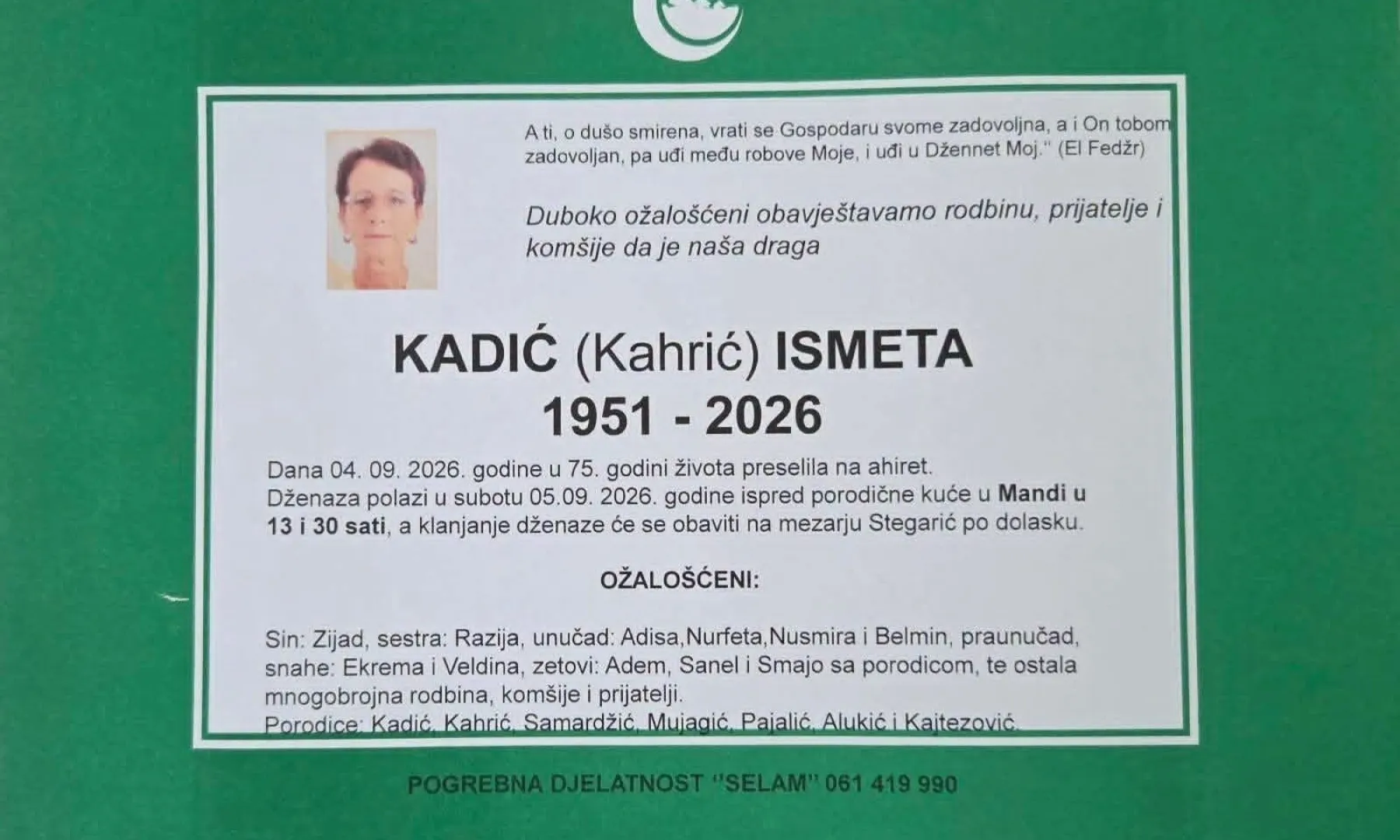 S tugom obavještavamo: Na Ahiret preselila KADIĆ (Kahrić) ISMETA