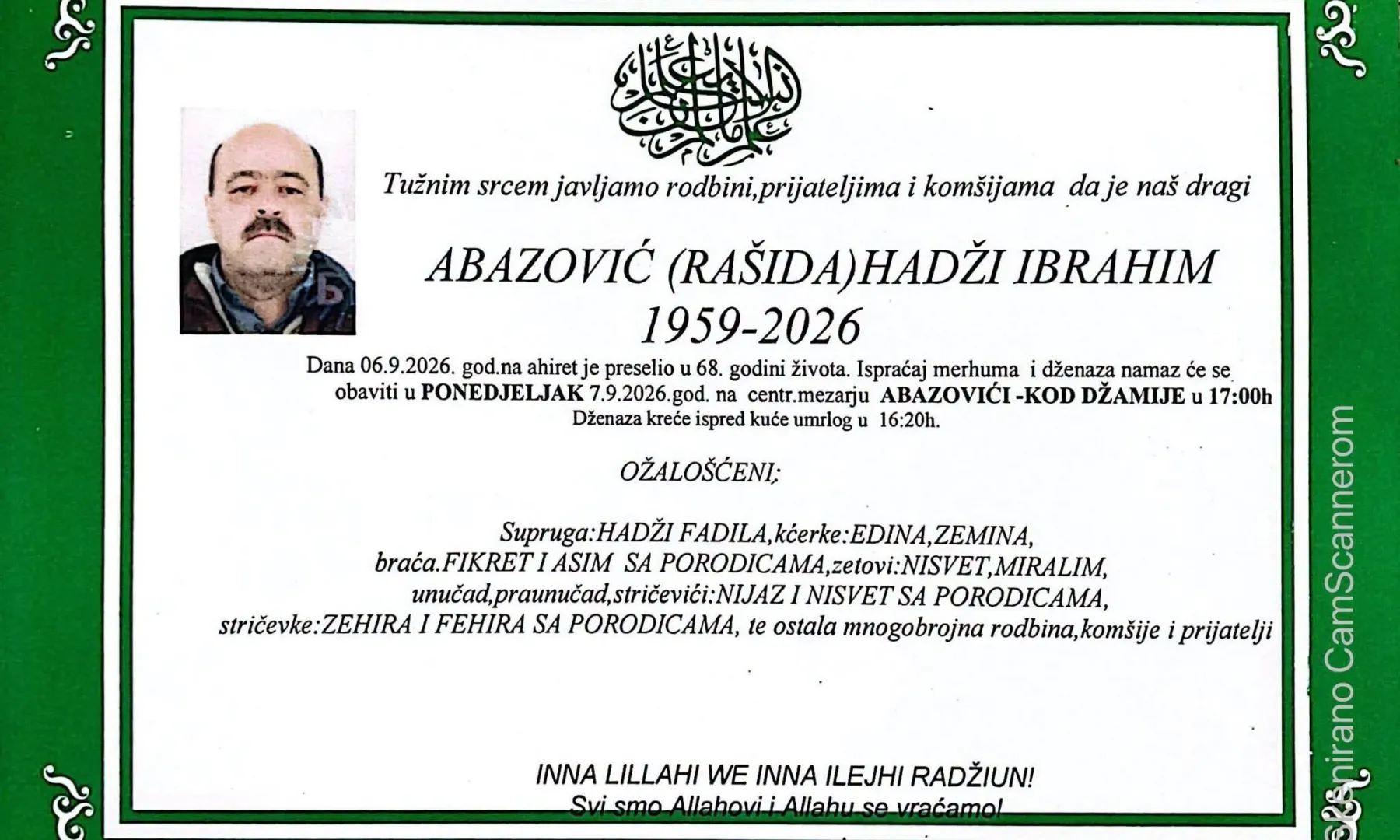 S tugom obavještavamo: Na Ahiret preselio Hadži Ibrahim Abazović (Rašida)