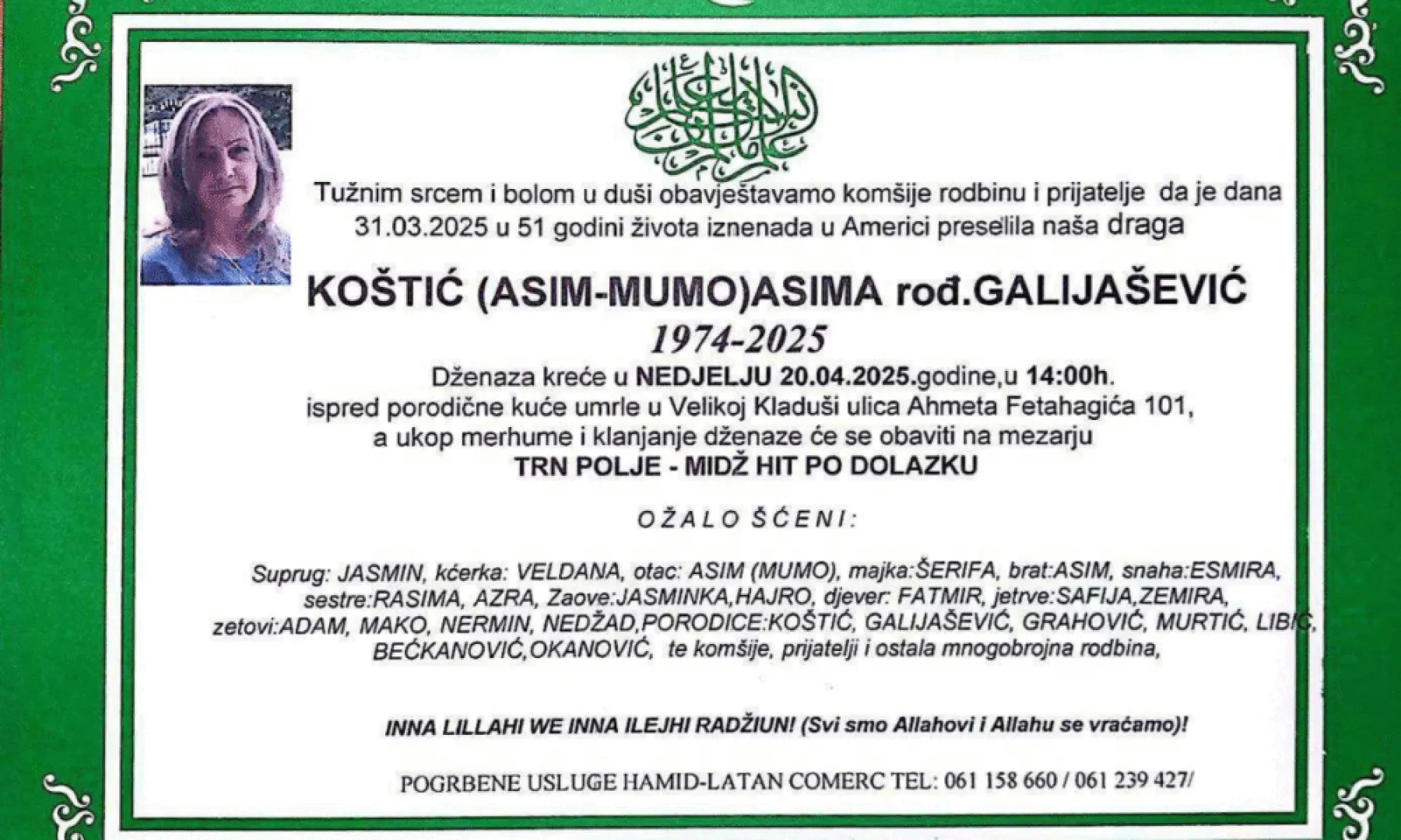 Na ahiret preselila Koštić (rođ. Galijašević) Asima